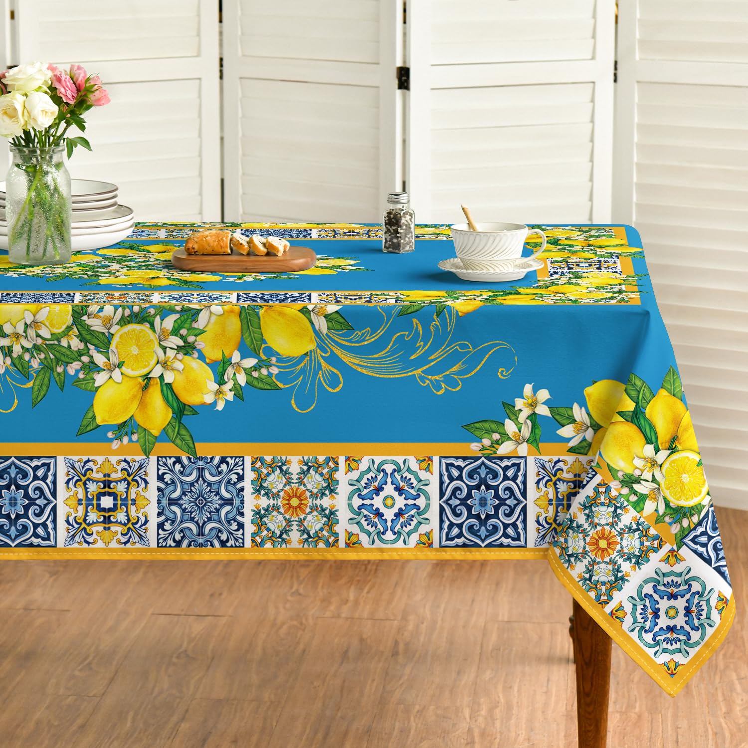 Horaldaily Summer Tablecloth 60×104 Inch Rectangular, Blue Yellow Lemon Vintage Pattern Washable Table Cover for Party Picnic Dinner Decor
