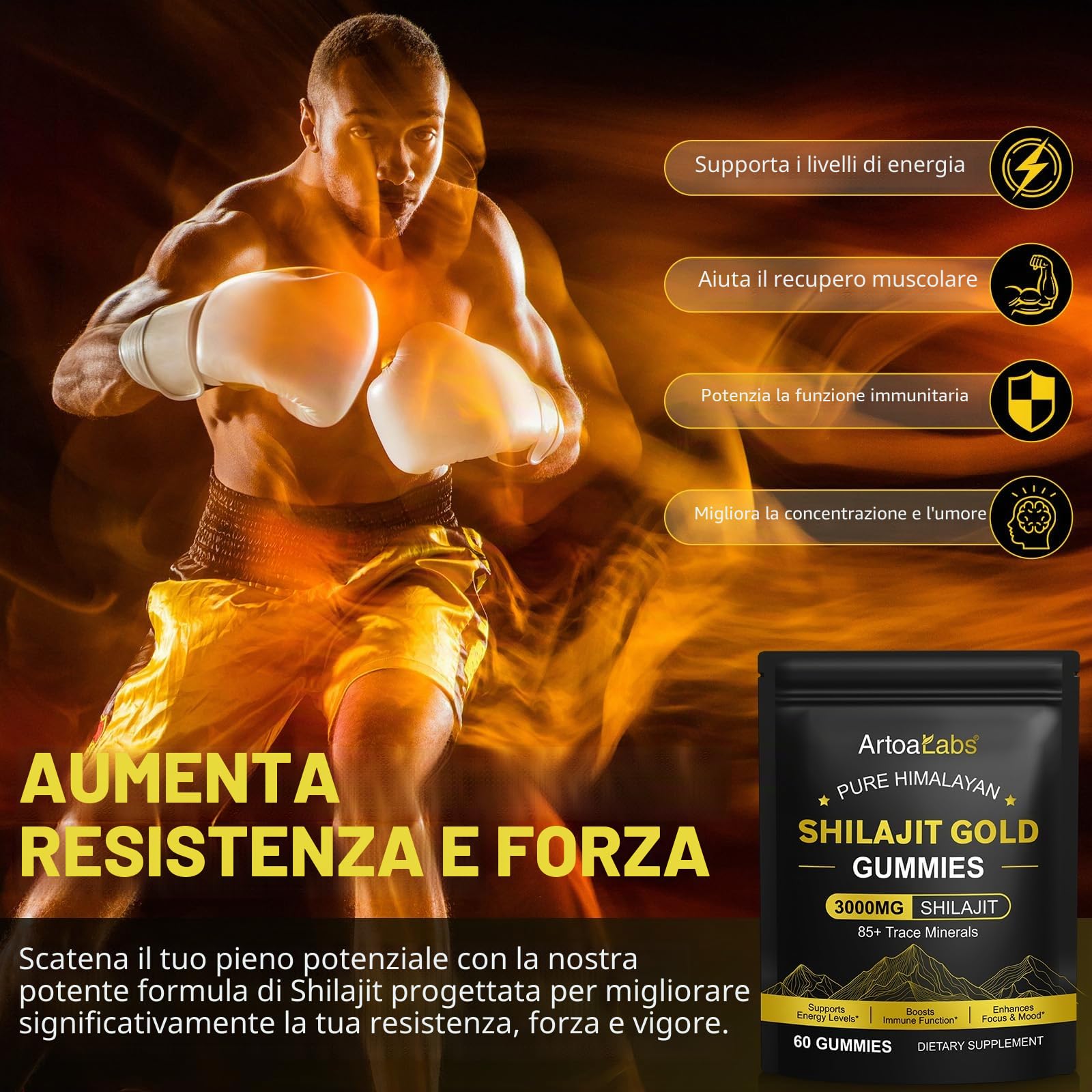 Shilajit - Orsetti gommosi 3000 mg, puro Himalaya Shilajit oro, oltre 85 oligoelementi, supporta il livello di energia, il sistema immunitario (1)