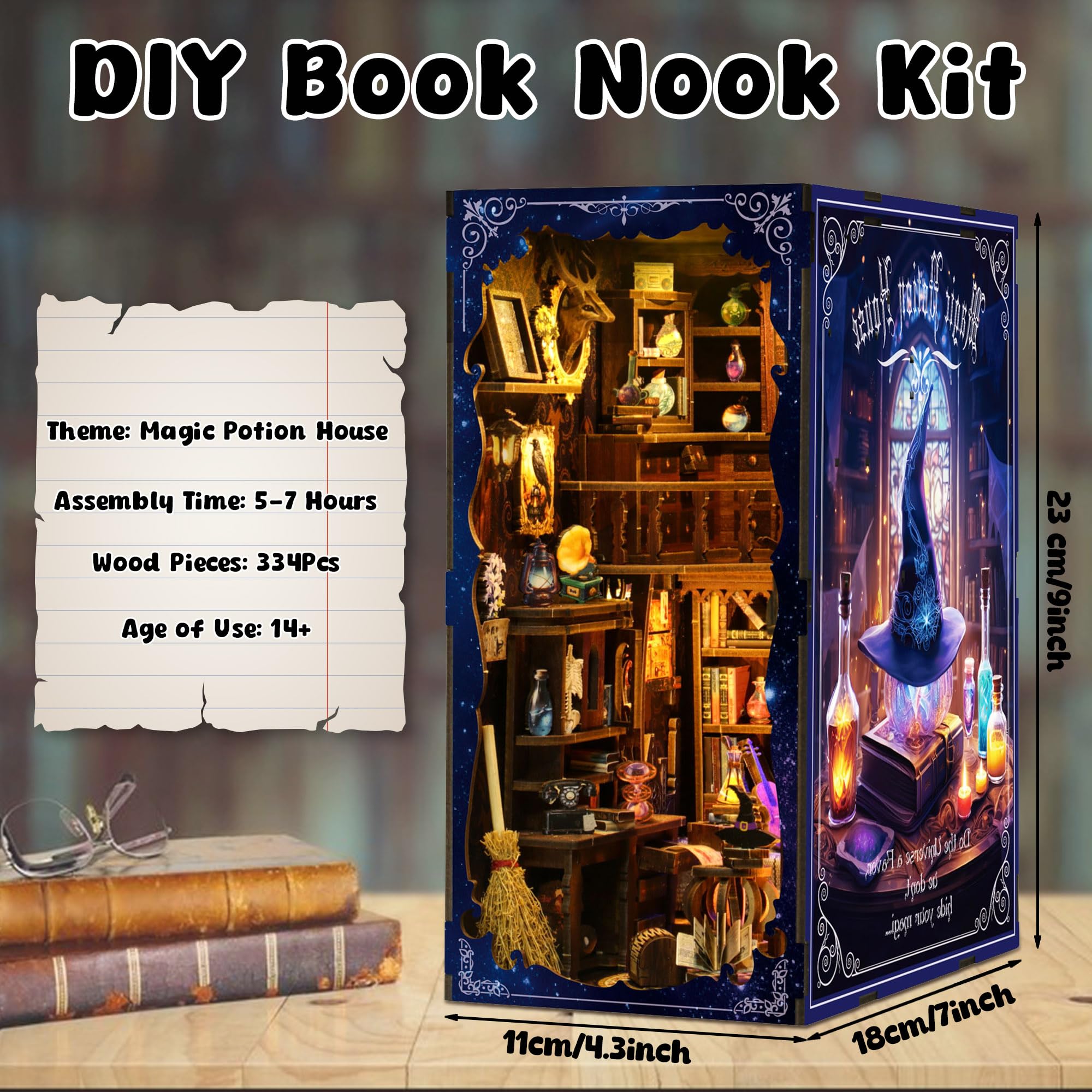 ARefugen Magic Potion House DIY Book Nook Kit – 3D Wooden Bookend with LED Lights, Miniature Bookshelf Insert Decor, Creative Puzzle for Teens Adults, Magical Apothecary Craft Gift
