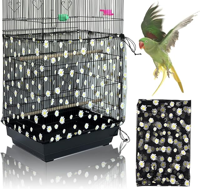 Yepper Adjustable Bird Cage Cover, Bird Cage Seed Catcher, Soft Nylon Mesh Net with Daisy Pattern, Birdcage Cover Skirt Seed Guard for Parrot Parakeet Macaw Round Square Cages (Black)