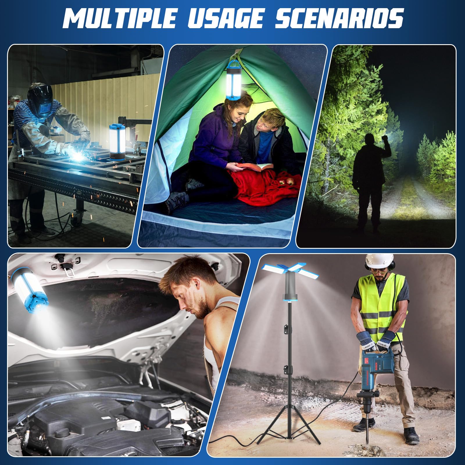 T-SUN Baustrahler LED mit Stativ, 6000K Wiederaufladbare Arbeitslicht mit 10400mAh Akku, Teleskopstativ und Tragetasche, Kabellose LED Arbeitsleuchte Akku Strahler Für Camping Garage Baustelle(Blau)