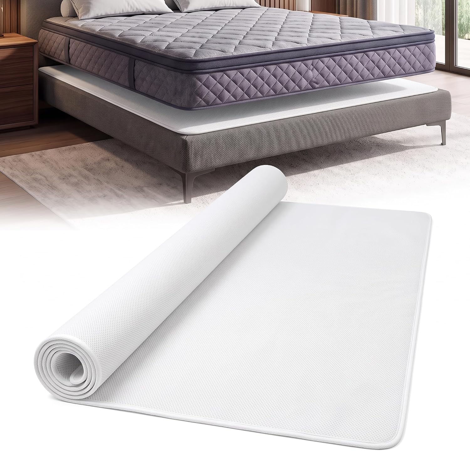 Mattress Underlay Pad with Breathable Meshfiber for RV Bed Mattress, RV Mattress Underlay Moisture Barrier, Mattress Support pad with 4 Strap,Washable Quick-Dry for Queen Bed (80 * 59 in White)