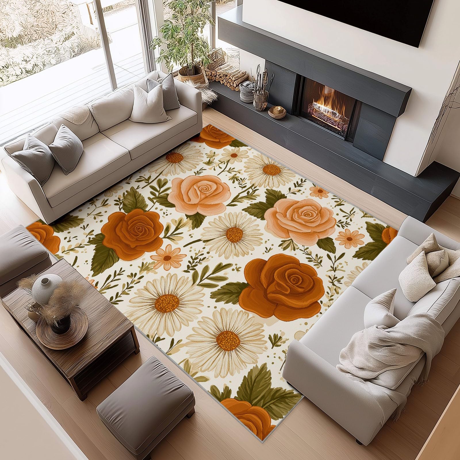 Zmywalny dywan 80 x 150 cm, rośliny, róże, stokrotki, antypoślizgowy dywan w stylu retro, duszpasterski, duży dywan – do salonu, sypialni, kuchni, holu, niski runo, miękki w dotyku dywan