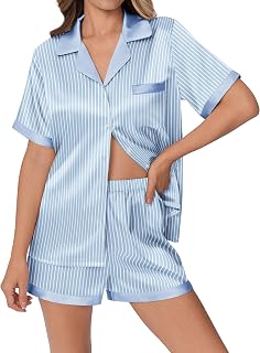 Ekouaer Womens Silky Satin Pajamas Set Short Sleeve Colorful Print Pjs | Soft sleepwear with pockets, botton down lounge sets, ideal for Home relaxation, Wedding, Party, Daily Wear & Breastfeeding
