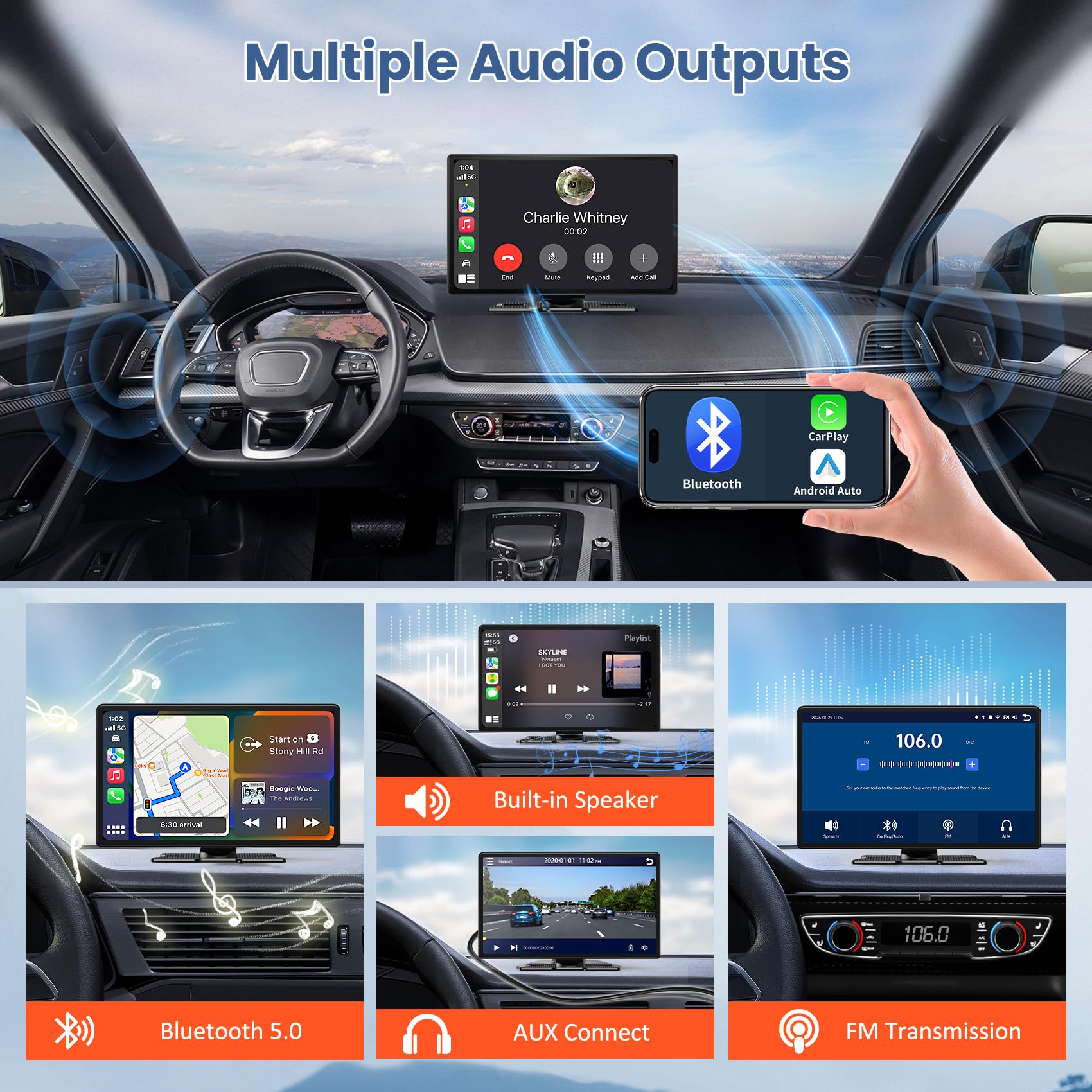 Largest 11.3" Portable Apple Carplay Screen, Wireless Car Play & Android Auto Touch Screen, Car Stereo with App View/4K Dash Cam/Backup Camera/Mirror Link/Voice Control/Music Play/GPS/Bluetooth/FM — view 8