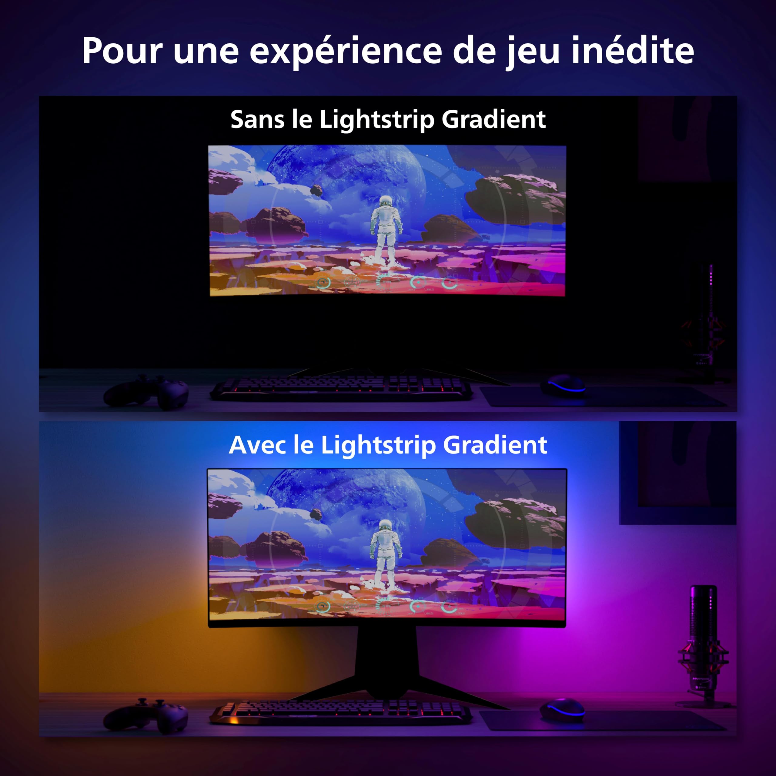Philips Hue White and Color, Kit démarrage Lightstrip Hue Play gradient PC, écran 24-27 pouces + Pont, synchronisation de la lumière avec le jeu, compatible Alexa, Google et Apple Homekit