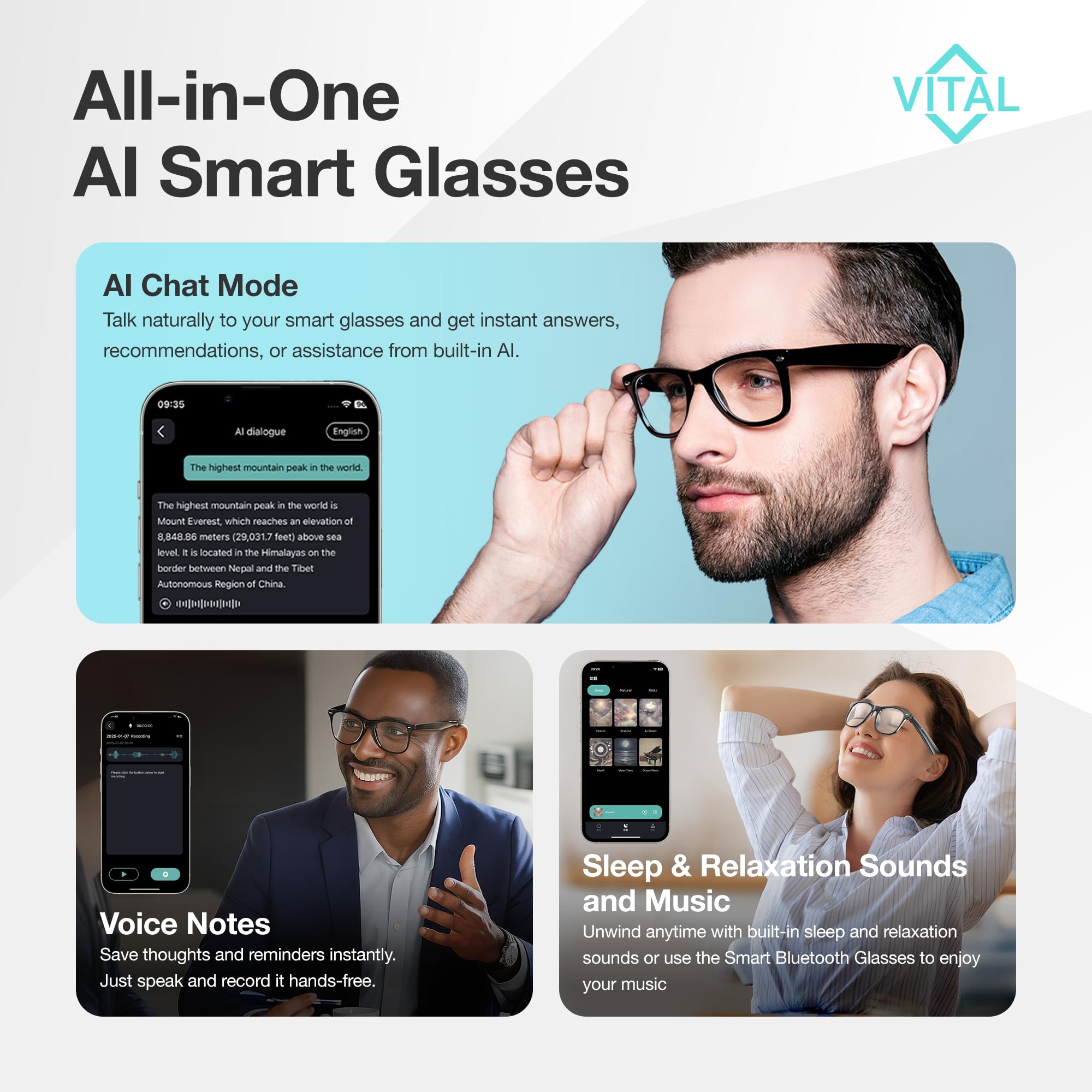 Vital - Gafas inteligentes para hombre, traducción de IA, audio Bluetooth 5.3 de oído abierto, traductor de 130 idiomas, gafas inteligentes vitales para mujeres, UV400, bloqueador de luz azul, gafas