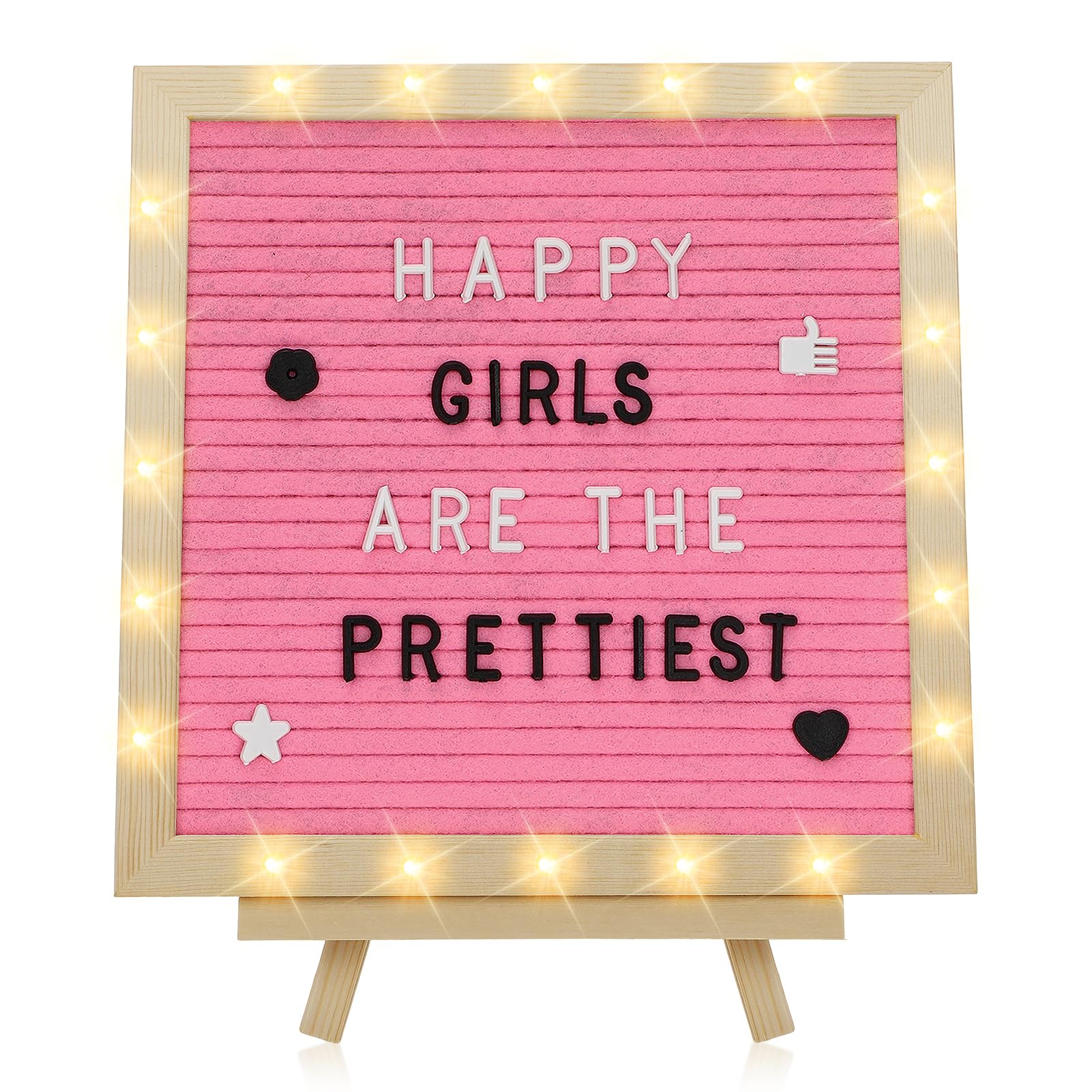 Light up Changeable Felt Letter Board - 10 ร 10" Message Board with LED Lights, Wood Stand & 450 Letters for Baby, Pregnancy Announcement, Home, Classroom Wall Decor Gifts, Pink