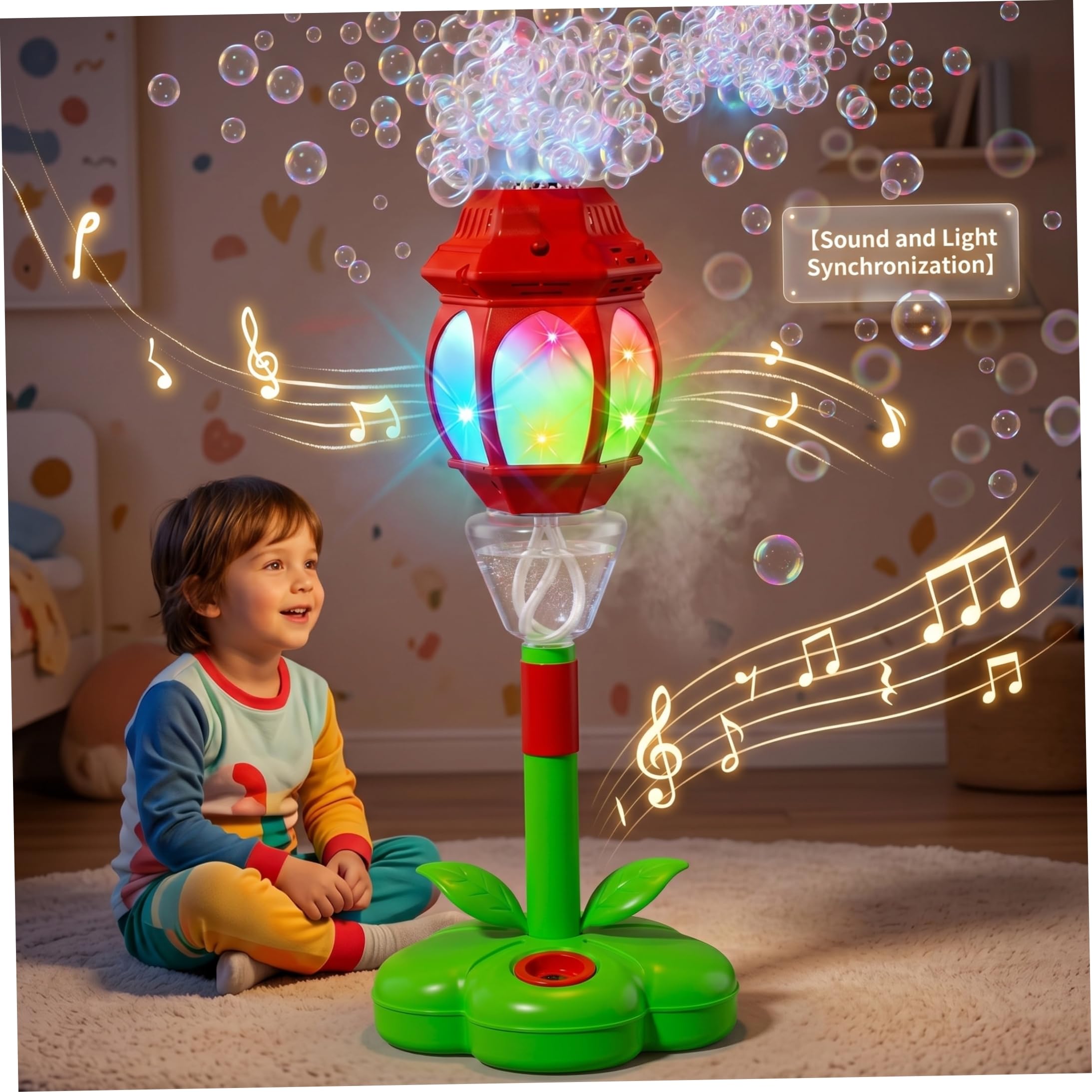 Máquina de burbujas para niños, máquina automática de burbujas con sonido y luz, linterna para niños, liberación de un botón, control remoto, soplador rojo recargable