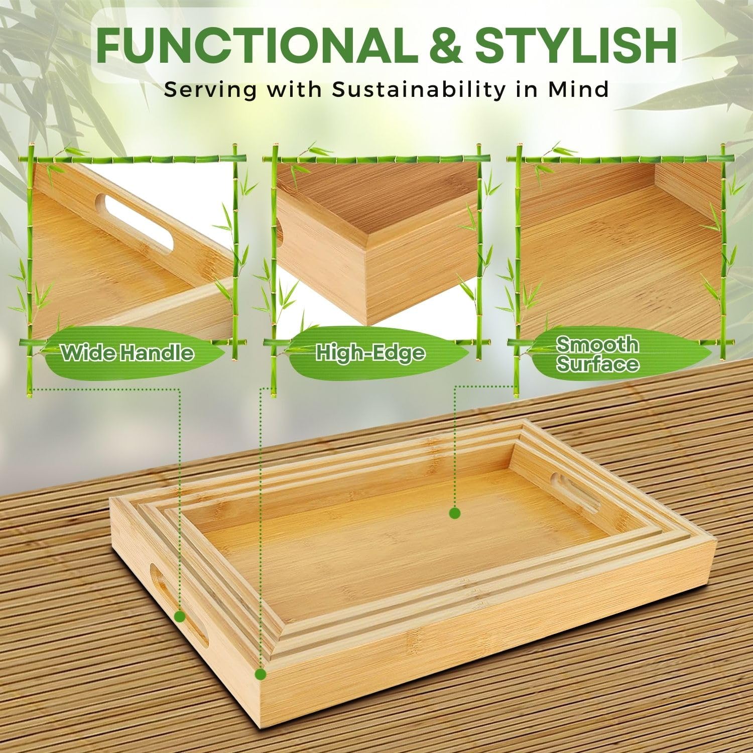 Flexzion Bandejas de bambú para Servir Alimentos, Paquete de 3 bandejas de Madera de bambú con Asas, Juego de bandejas rectangulares de bambú para Alimentos (Grande, Mediano, pequeño) para Desayuno,