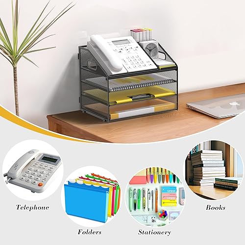 Vista 5 de Bandeja de papel para cartas, organizador de escritorio de 4 niveles con soporte para bolígrafo y asa, organizador de archivos de malla, 4 niveles