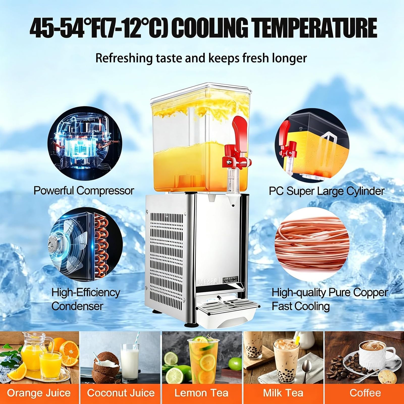 Dispensador de jugo refrigerado comercial, dispensador de bebidas de acero inoxidable de 2.64 galones para fiestas, máquina portátil de bebidas frías, grado alimenticio