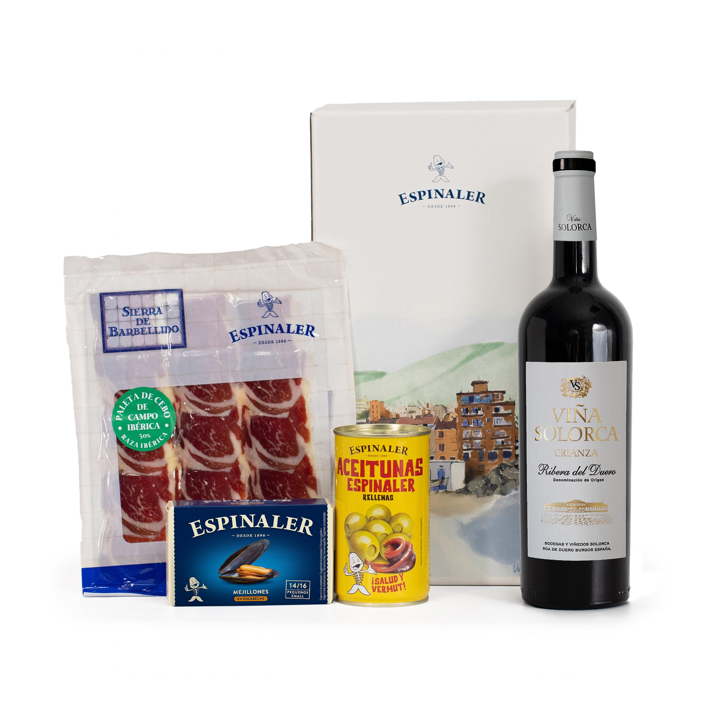 Espinaler cesta gourmet Ibéricos con vino - Lote gourmet para regalar con Jamón Ibérico, vino crianza (Ribera del Duero), aceitunas y mejillones - Surtido regalo premium