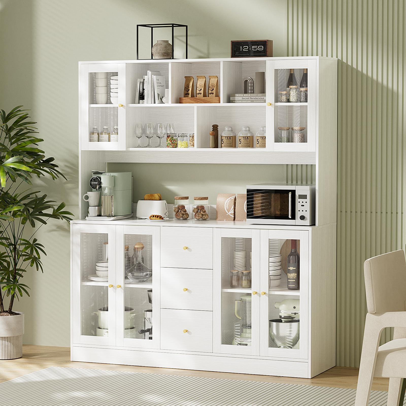 ( Incomplete only 1 box ) VOWNER Large Kitchen Hutch Cabinet With 6 Glass Doors, 3 Drawers & Microwave Shelf - Freestanding Pantry Storage Cupboard for Open Storage (White)