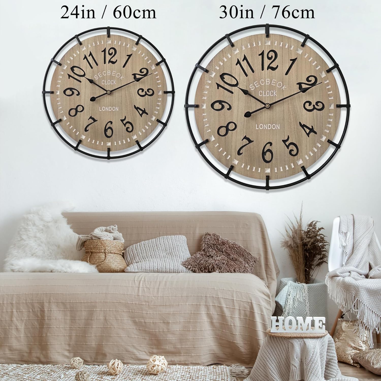 24 Inch Large Farmhouse Wall Clock, Metal Rustic Wood with Silent Quartz Movement, Easy Read Arabic Numerals, Battery Powered Round Decorative Wall Clock for Living Room Bedroom Kitchen Office