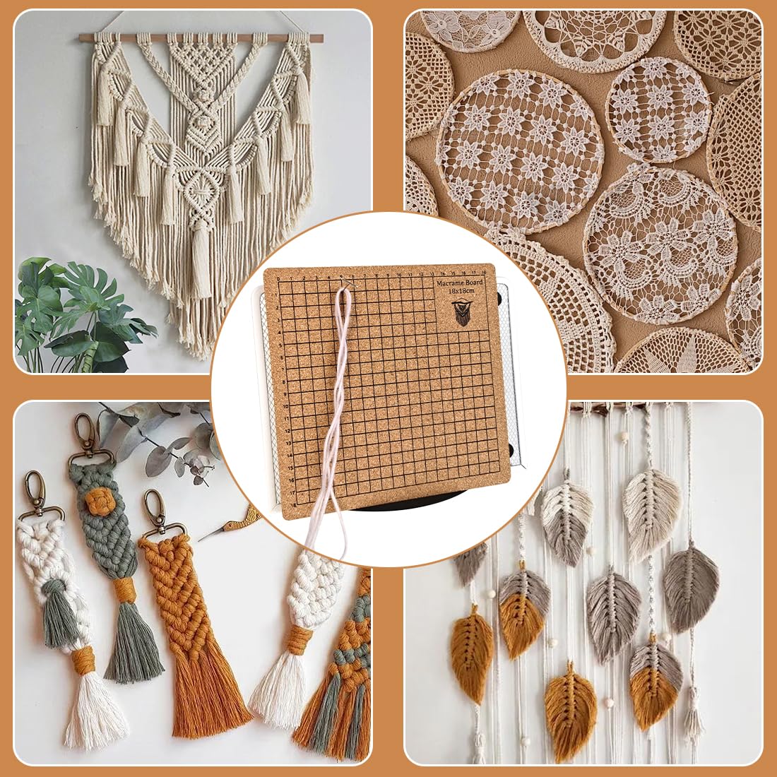 Lavagna macramè con penne, 18 x 18 cm, tavola da progetto macramè double face con griglia, tavola intrecciata portatile con istruzioni, tavola macramè riutilizzabile e penne per intrecciare
