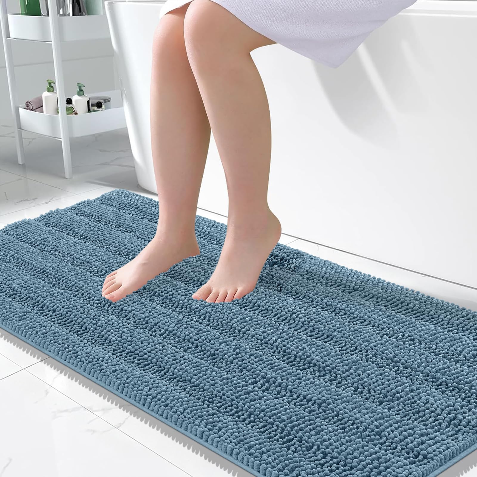OLANLY Thick Large Bathroom Rugs 50x30, Soft Chenille Bath Rugs, Airy Blue