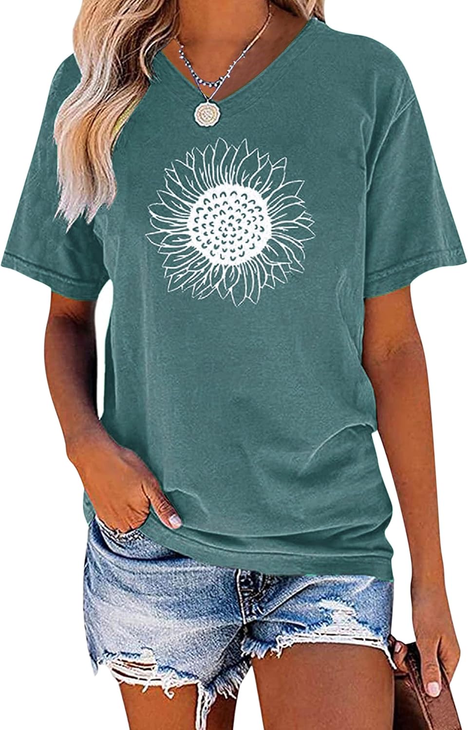 EADINVE Women’s Summer Short Sleeve Cute Sunflower Graphic Printed Tee Vintage T Shirt Cotton Tops Novelty Cool Shirts