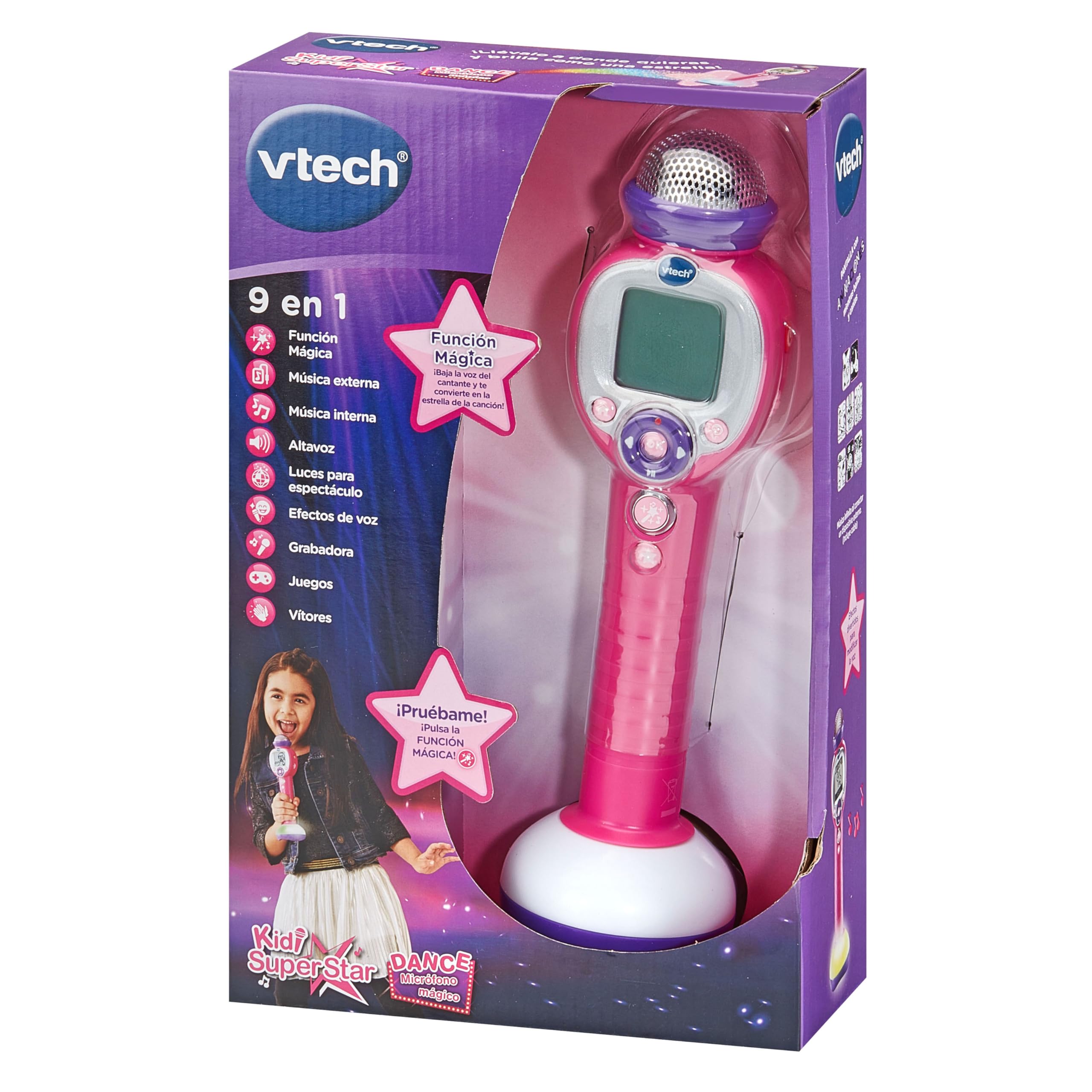 VTech - Kidi Superstar Dance, Micrófono portátil 8 en 1 con Pantalla Interactiva, Karaoke Infantil, Aprende a Cantar, Juegos, Efectos de luz y Sonido, Regalo niños +6 años, Versión ESP