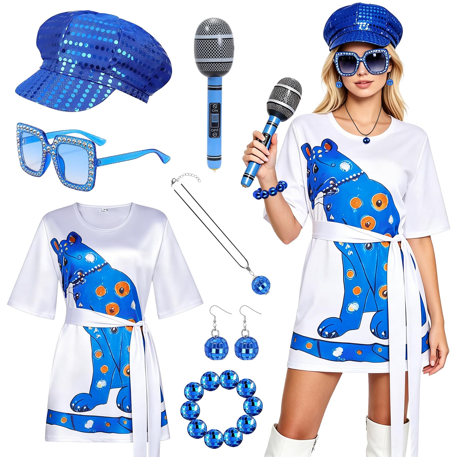 TOYTOPIE 70s Fancy Dress for Women, 7PCS Disco Fancy Dress Costume Set with Vintage Dress, Beret Hat, Glitter Glasses, Microphone Prop, Earrings and Necklace for Themed Party, Carnival & Dance Outfit