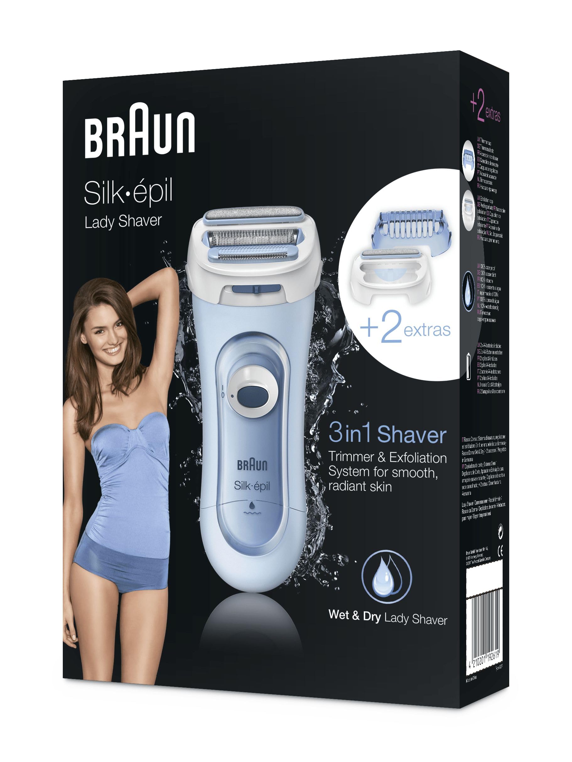 Braun Rasoir Electrique Femme Silk Epil Lady Shaver 5-160 Bleu 3-en-1 | Etanche, sans Fil, Grille Flottante, Tondeuse pour un Rasage de Près, Accessoire Exfoliant