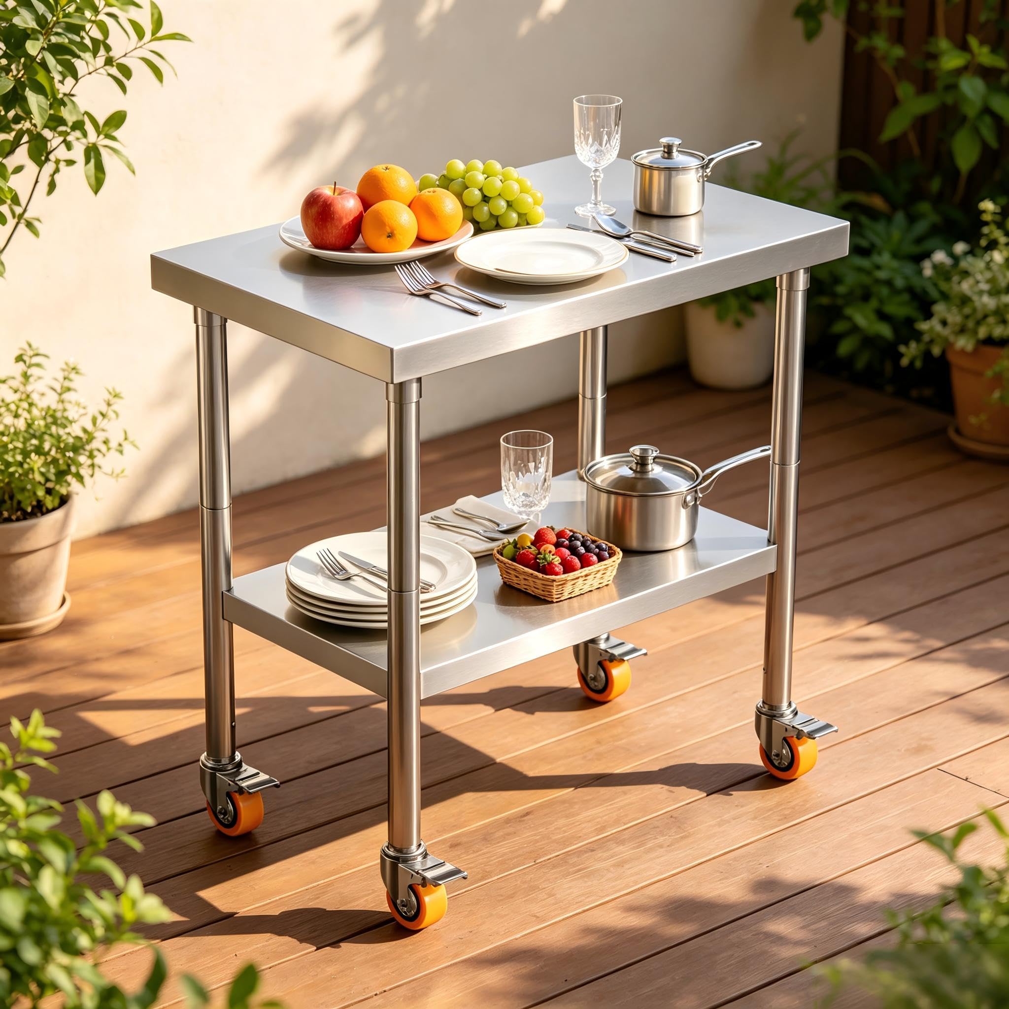 YRHome Tavolo da lavoro in acciaio inox con 4 ruote, regolabile in altezza, mobile a doppio strato, carrello da lavoro per barbecue, fino a 300 kg, tavolo in acciaio inox, per ristorante, scuola