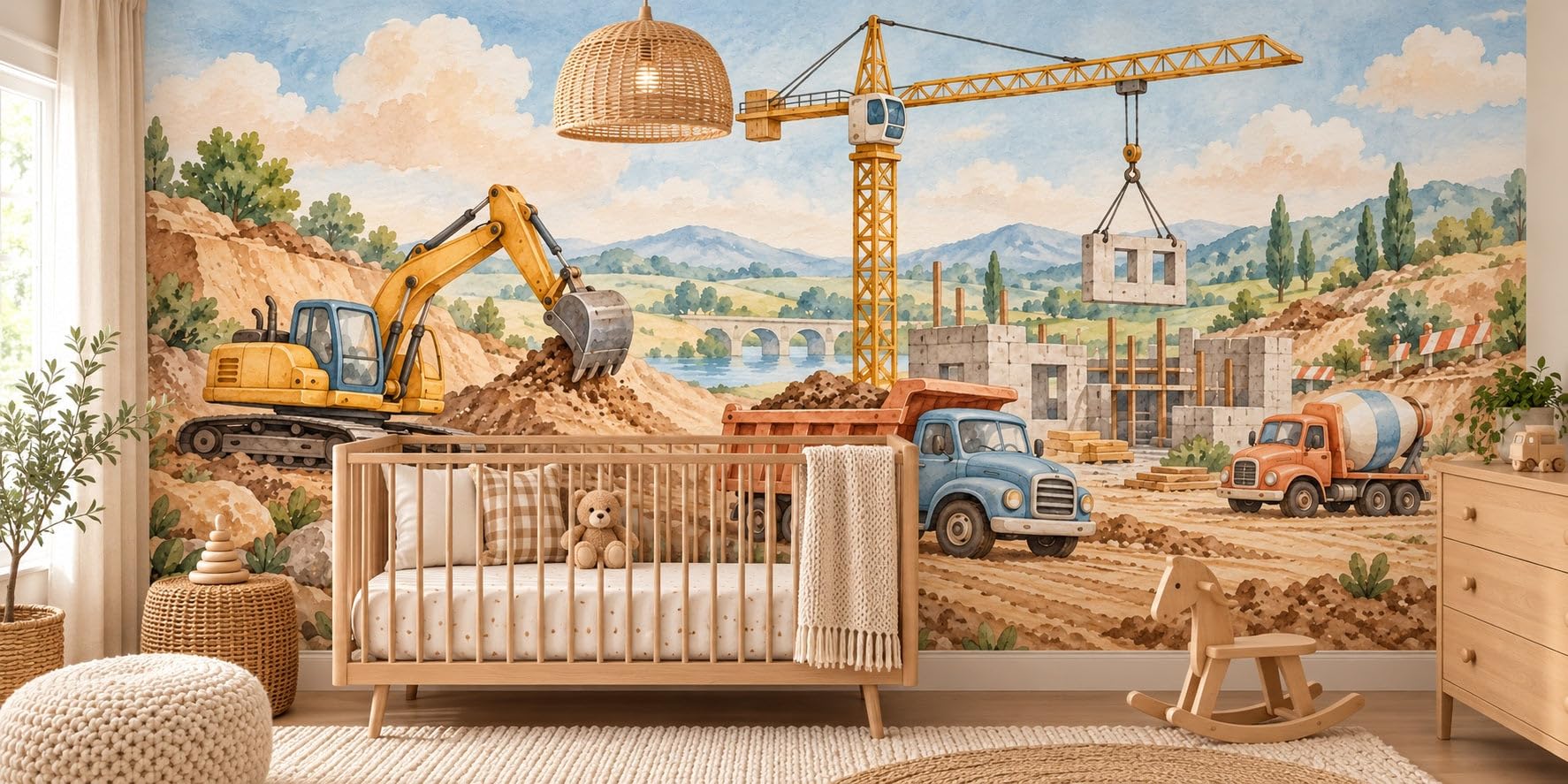 MOOGCO Baustelle Fototapete, Wandbild zum Abziehen und Aufkleben für das Kinderzimmer, Aquarell Baustellenfahrzeug Tapete für das Babyzimmer, 60 x 40 in
