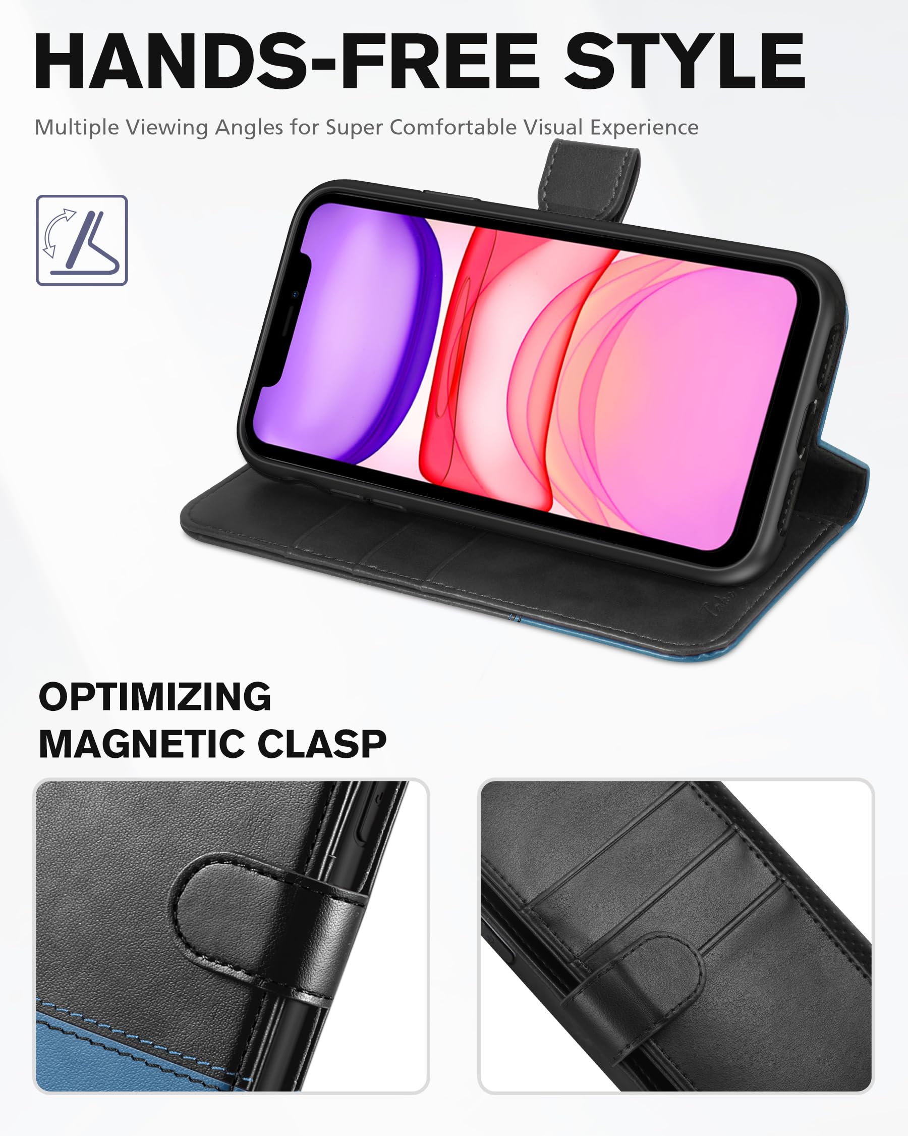 TUCCH Cover per iPhone 11, Custodia Folio [RFID Blocking] Portafoglio Pelle Sintetica TPU Antiurto, Supporto Slot per Schede Protezione Ottimale per iPhone 11 (6,1 pollici, 2019), Nero Azzurro