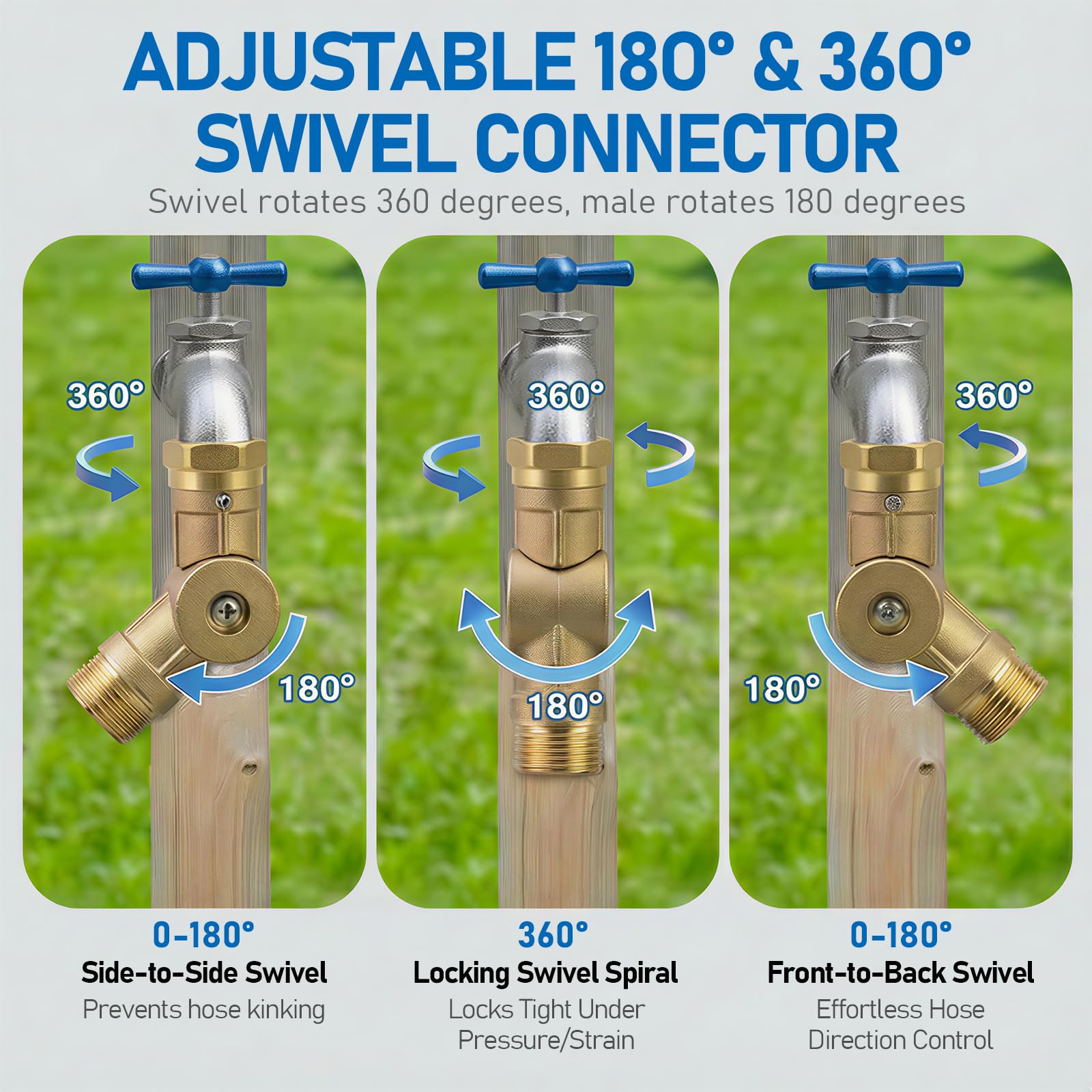 Conector giratorio de manguera ajustable de 180° y 360°, conector de codo de manguera de jardín de latón ajustable para caravanas/campistas al aire libre, riego de jardín para patio, se adapta a