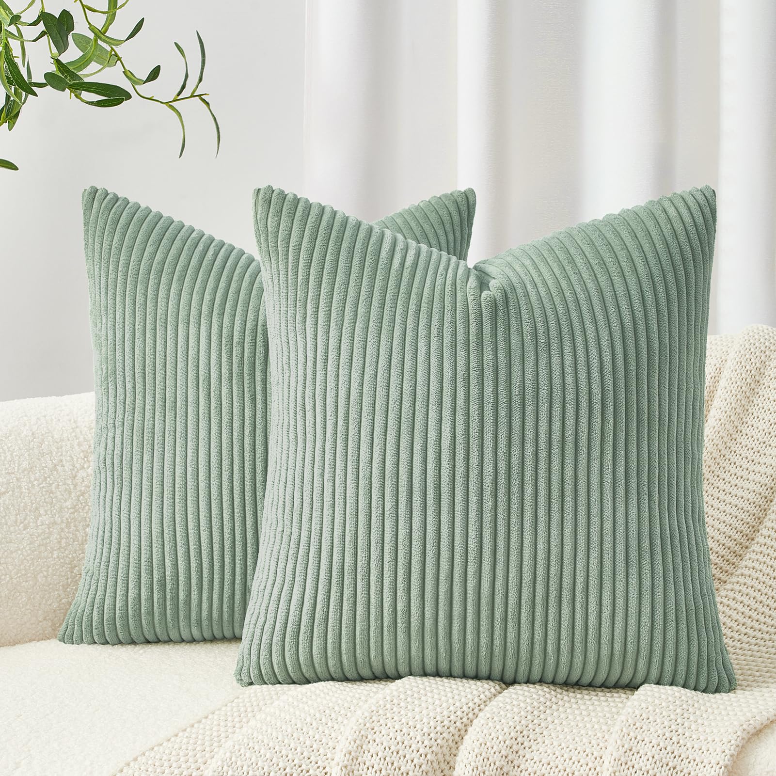 Topfinel Kissenbezug 40x40 Hellgrün Kordsamt 2er Set Gestreiftes Muster Kissenbezüge Kissenhülle Dekokissen Sofakissen Couchkissen Dekokissen Zierkisse