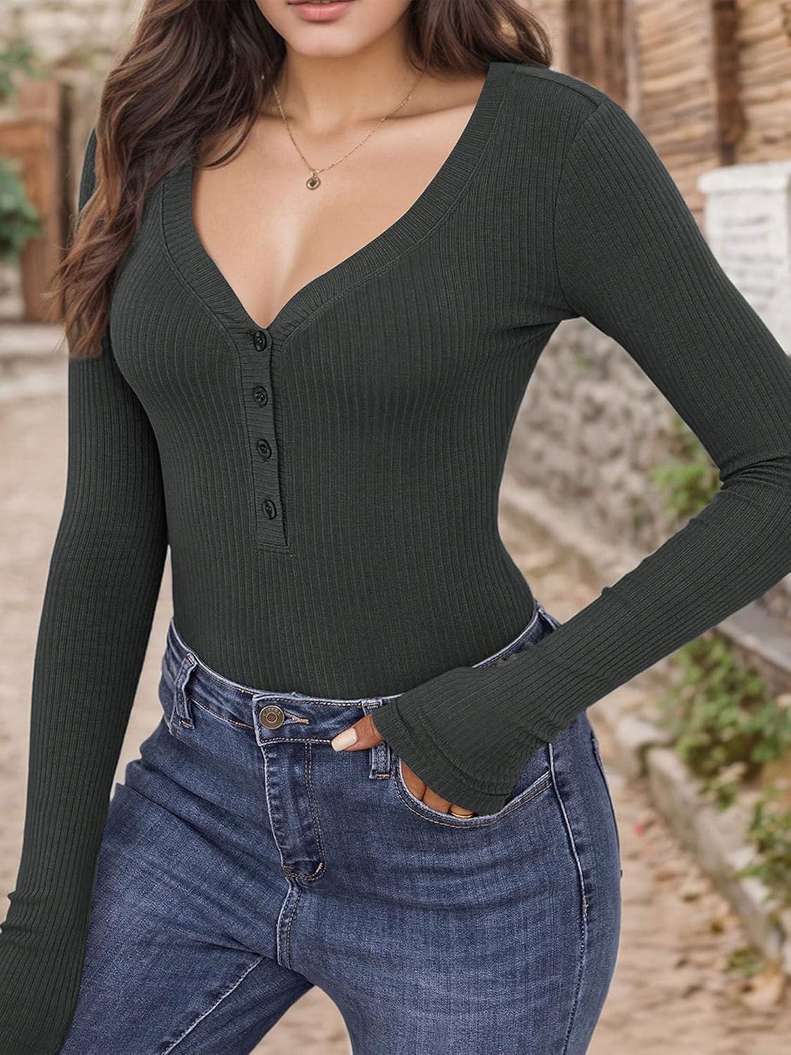 Women's Long Sleeve V Neck Shirt Sexy Henley Tight Slim Fitted Going Out Top Ribbed Button Fall Fashion Dark Gray L - Image 2