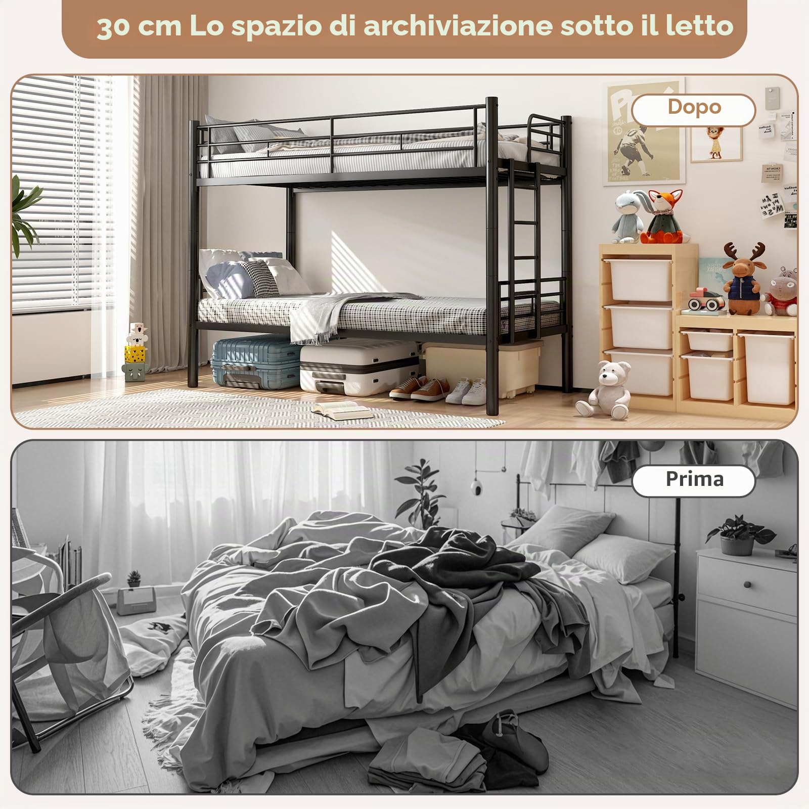 Letto a Castello per Adulti 90 X 200cm, Letto a Castello per Bambini con Scaletta & Ringhiera di Sicurezza, Trasformabile in Due Letti Singoli, Letti a Soppalco Metallo con Rete a Doghe (Nero)
