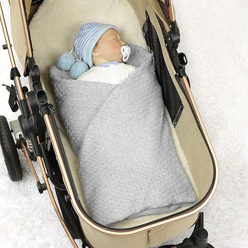 Miniatura 10 de LAWKUL Manta de punto para bebé recién nacido, manta de ganchillo con cable neutro cian, manta para niños y niñas para guardería