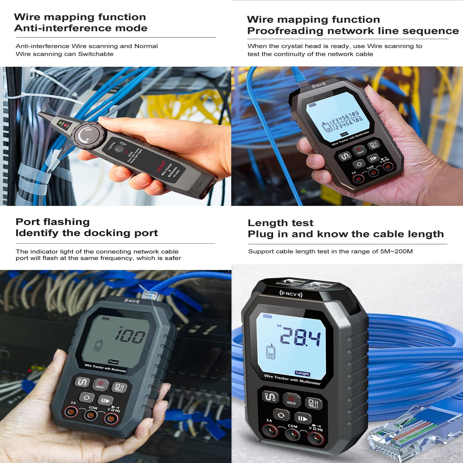 Tester kabli sieciowych (z testerem multimetru), flashowanie portów LAN/Ethernet POE/RJ45 RJ11 CAT5 CAT6, tester sieci przeciwzakłóceniowej TDR