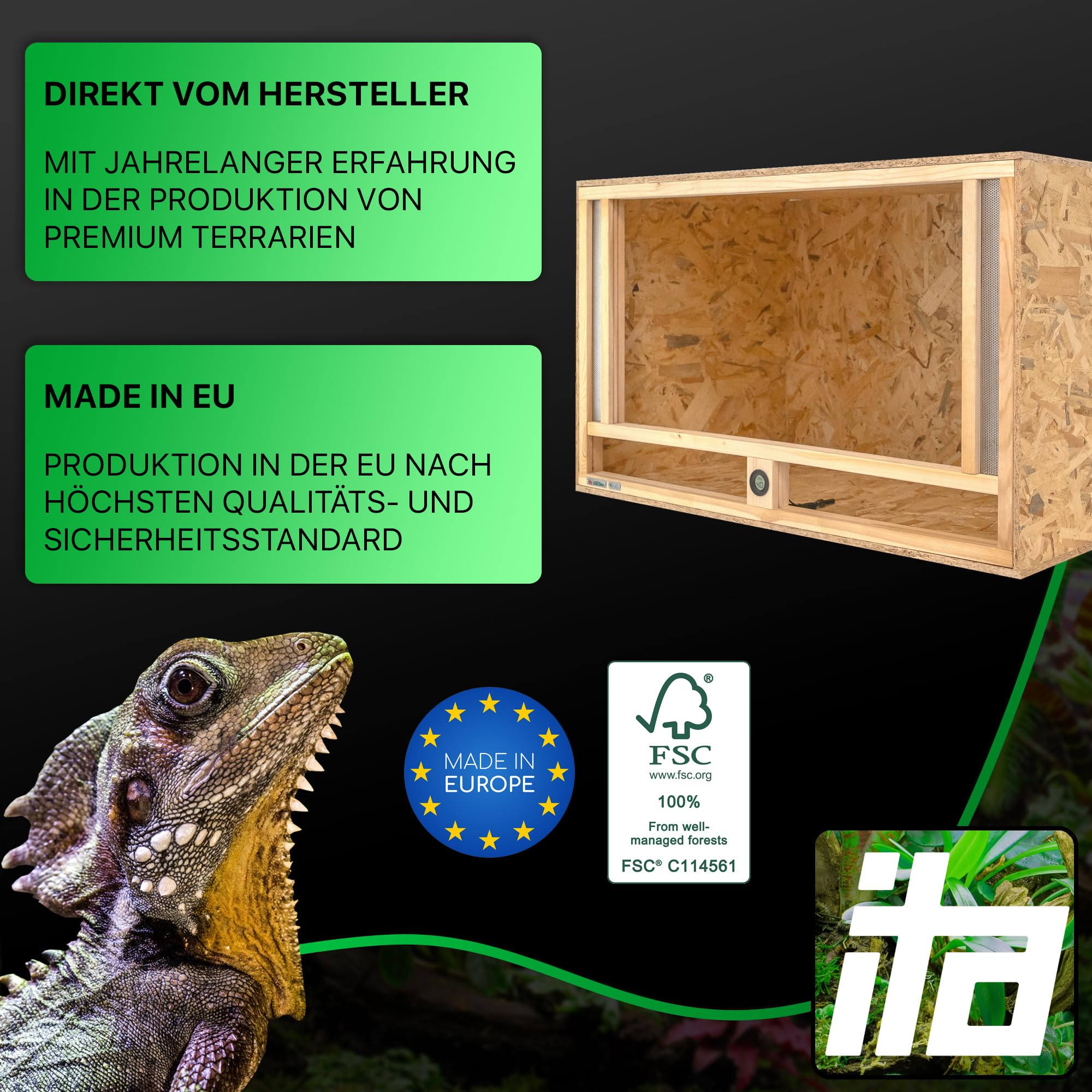 ITA Holz Terrarium 120x60x60 cm mit Frontbelüftung & Integriertem Hygrometer - Holzterrarium aus OSB-3 Platten - Terrarien für Reptilien, Schlangen, Amphibien - EU Produkt, FSC Zertifiziert