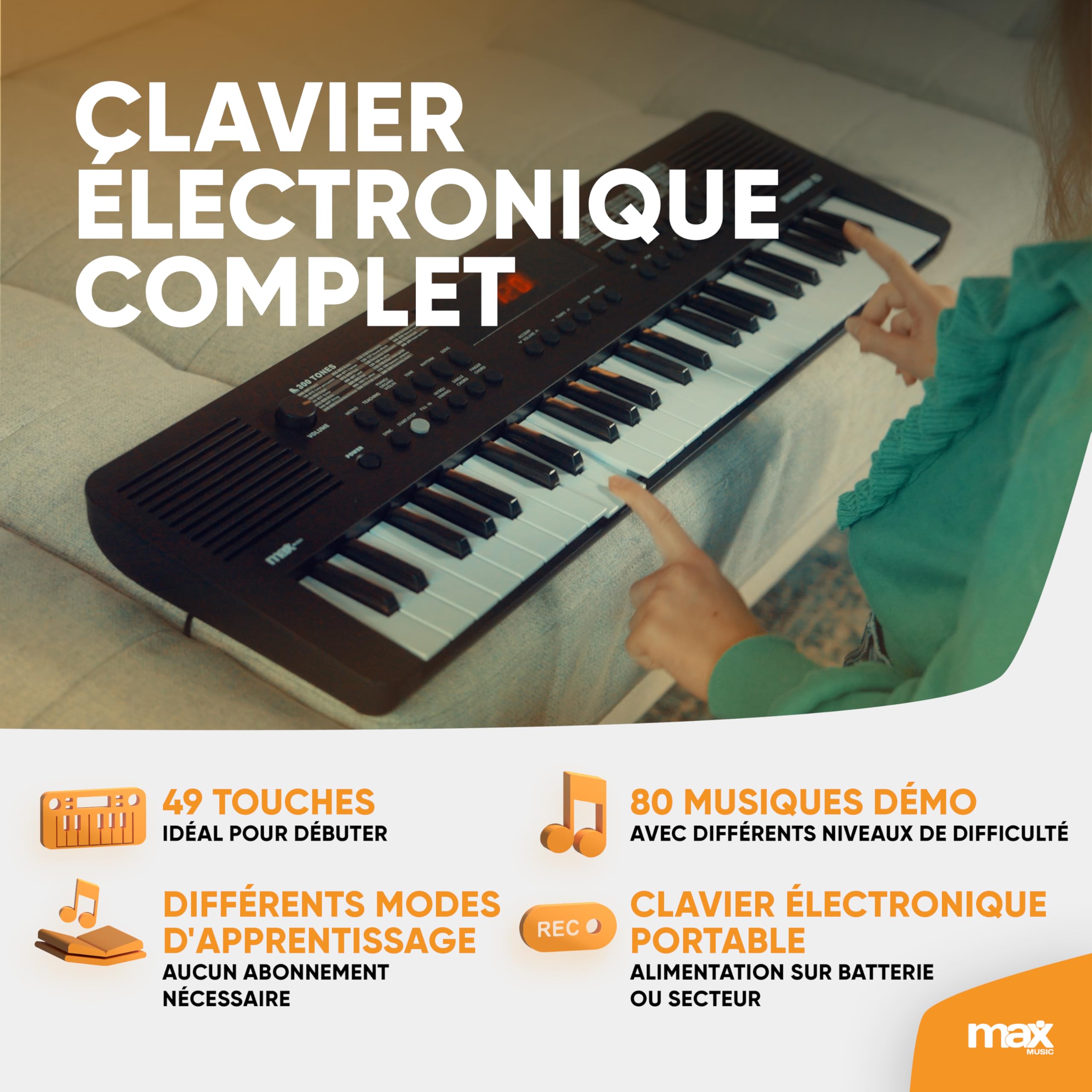 Max Rhapsody49 Clavier Électronique 49 Touches, Synthétiseur Enfant, Alimentation USB-C, Différents Modes d'Apprentissage, Deux Haut-parleurs intégrés, Idéal pour Démarrer votre Apprentissage