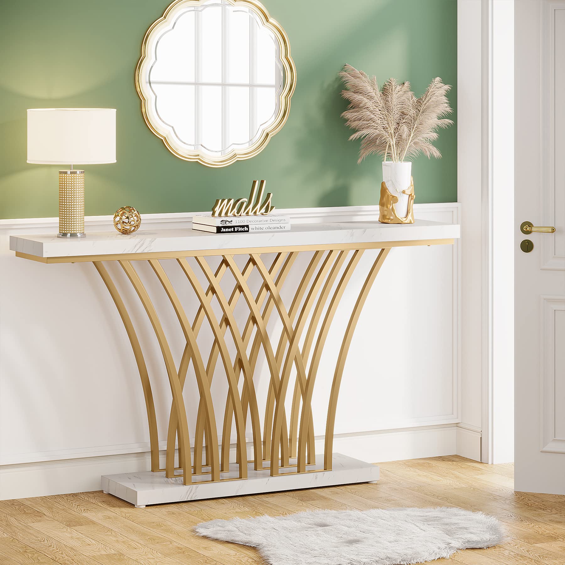 LITTLE TREE Narrow Entryway Console Table,Faux Marble White+Gold
