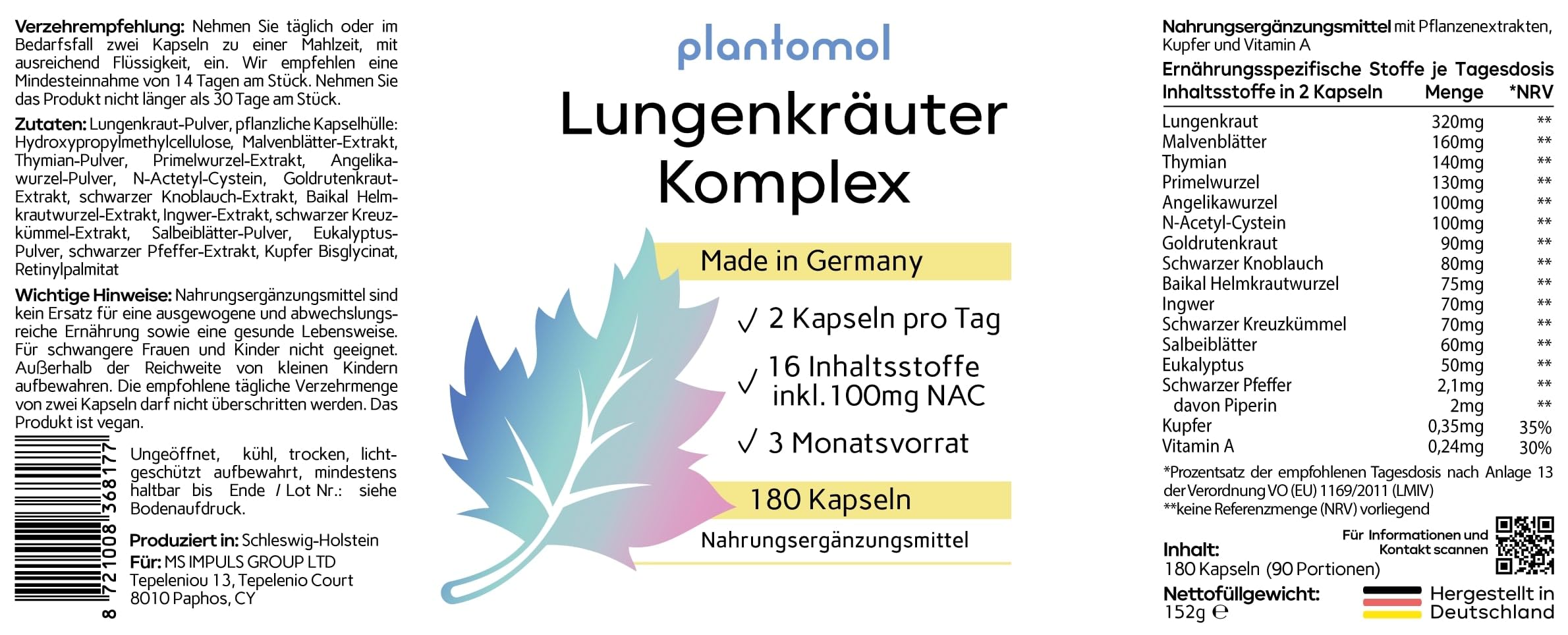 16-fach Komplex! 180 Lungenkraut Kapseln hochdosiert mit Lungwort Malvenblättern Thymian Primelwurzel Eukalyptus & Salbeiblättern