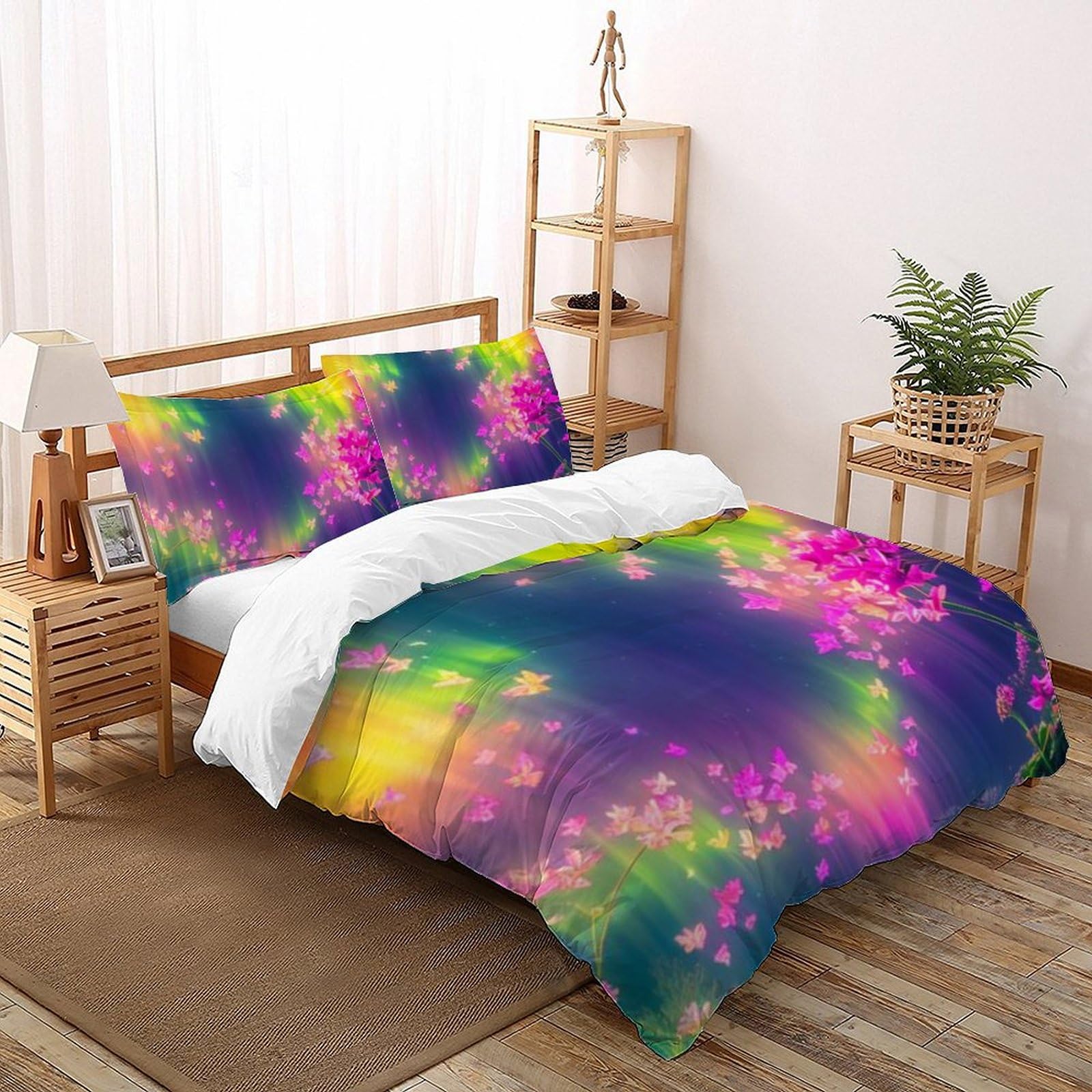 Housse de couette King 220x240 fleurs roses et plantes vertes microfibre avec 2 taies d'oreiller