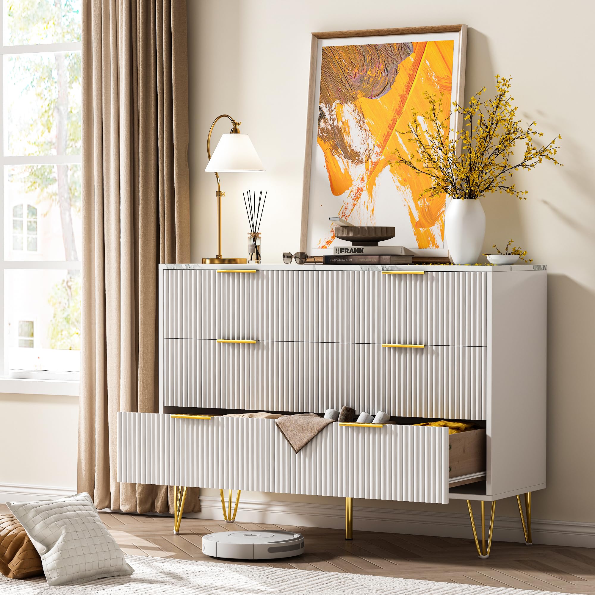 Kommode mit 6 Schubladen aus Massivholz, Moderne Komodenschrank 100 cm Breit aus Gerilltem, Chest of Drawers mit Goldenen Griffen, Schrank mit Marmorimitat für den Flur (Weiß)