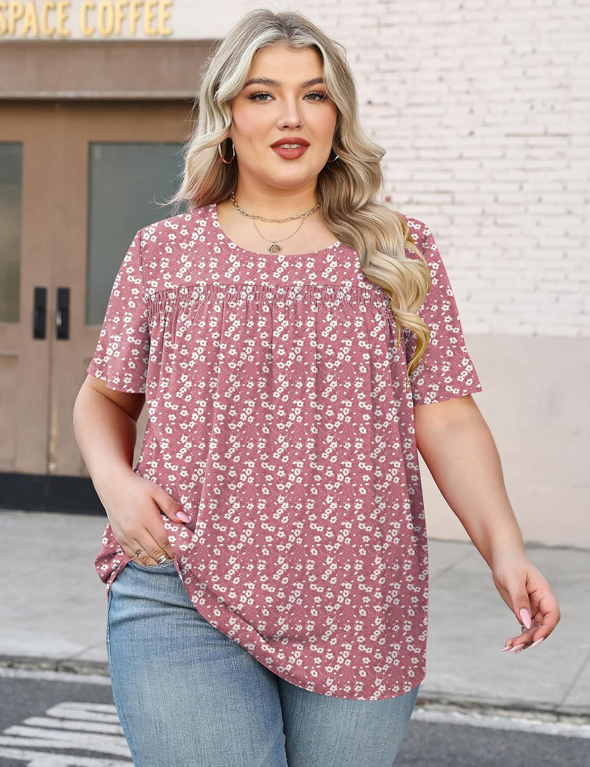 Micoson Womens Plus Size Tops Short Sleeve Dressy Chiffon Blouses Crewneck Shirts Loose Flowy Pleated Tunic - Image 2