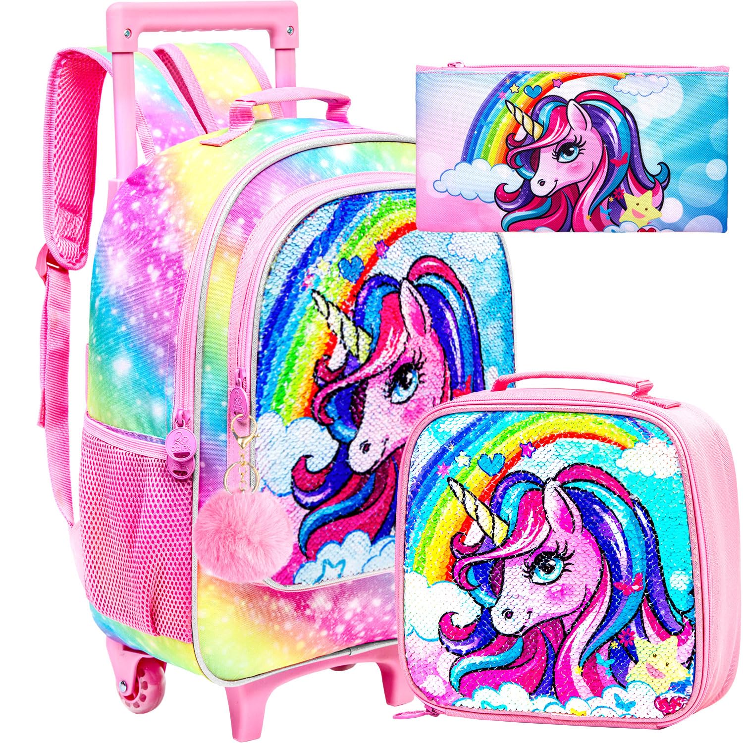 FTJCF 3Pcs Rolling Backpack for Girls, Kids Roller Bookbag with Wheels, Unicorn Mermaid Wheeled School Bag Set for Elementary, Unicorn Rainbow, One Size, Pink Unicorn