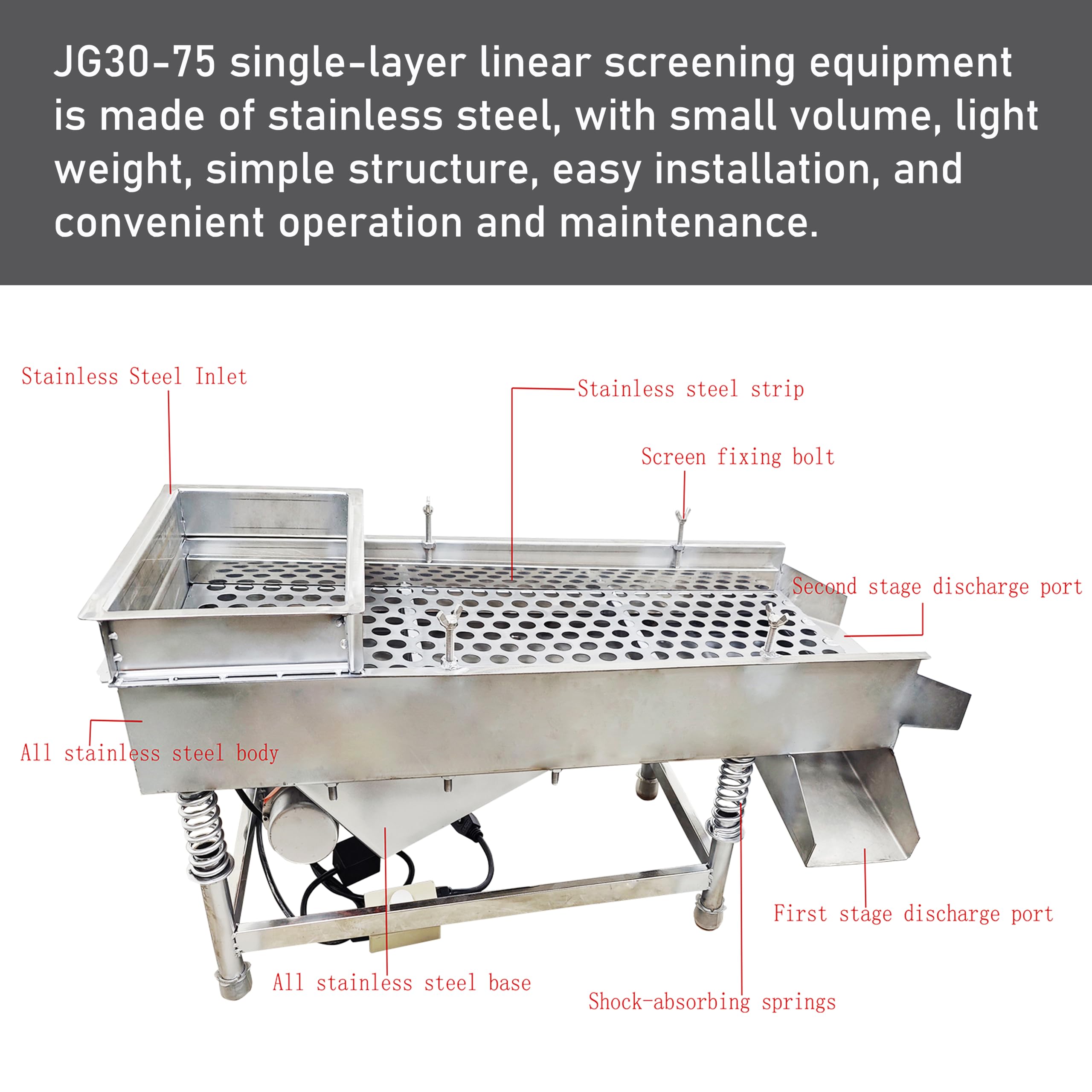 LGXEnzhuo Linear Vibrating Screen Small Stainless Steel JG30-75 Single Layer Linear Screening Equipment 20mm 110V 80W