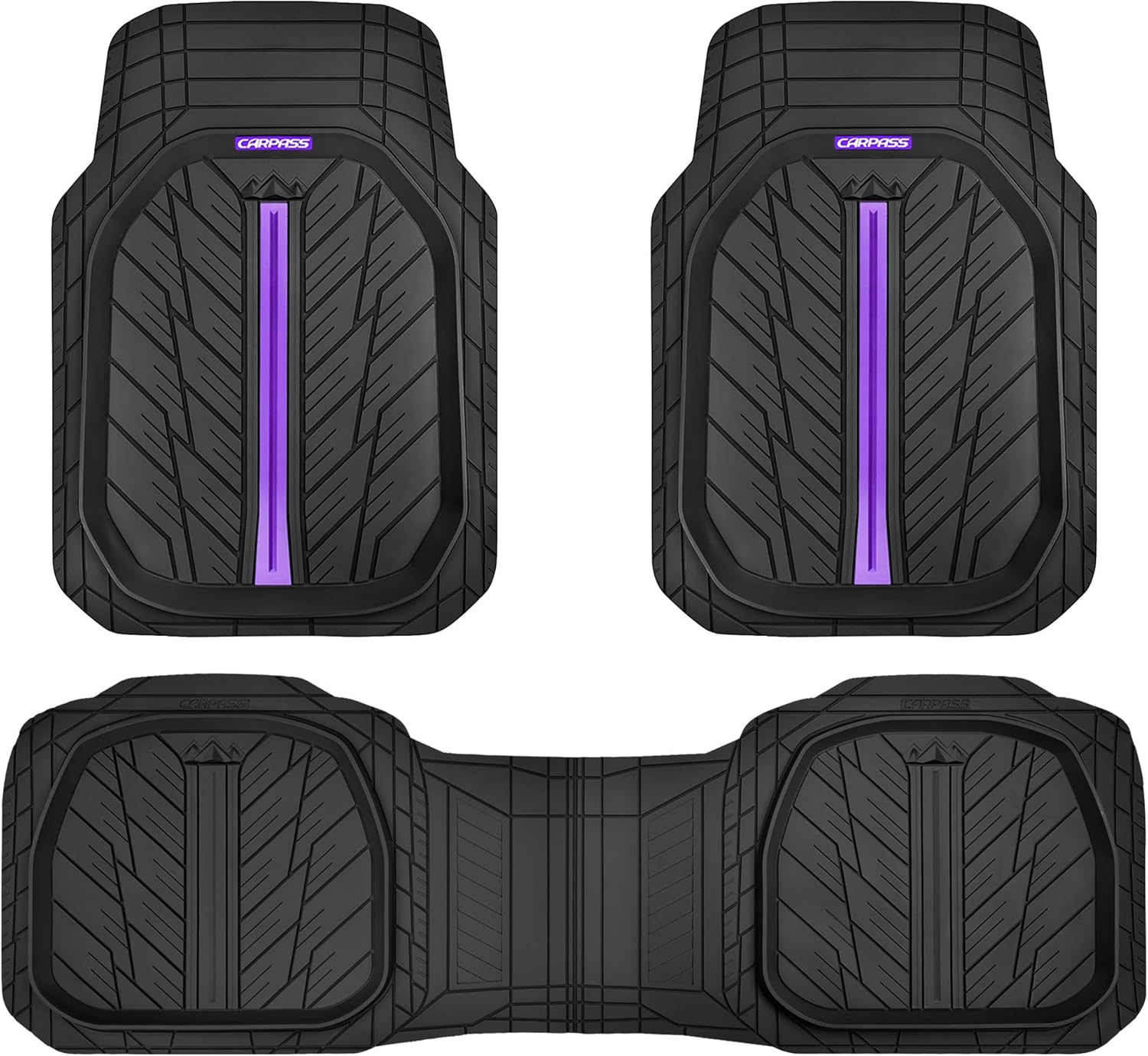 CAR PASS Tire Tread DeepDish Rubber Floor Mats for car Heavy Duty car mats All Weather, Universal XL~M Trim to Fit for Truck SUV Vehicle Automotive, Waterproof car mats 3 Piece (Purple Black)