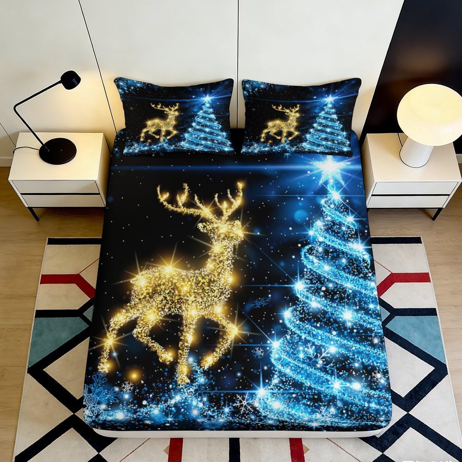 3D Printed Christmas Reindeer Fitted Sheet Microfiber Soft Breathable Sparkling Tree Bed Cover for Bedroom Dormitory Guest Room Mattress Protection 180x200x25cm