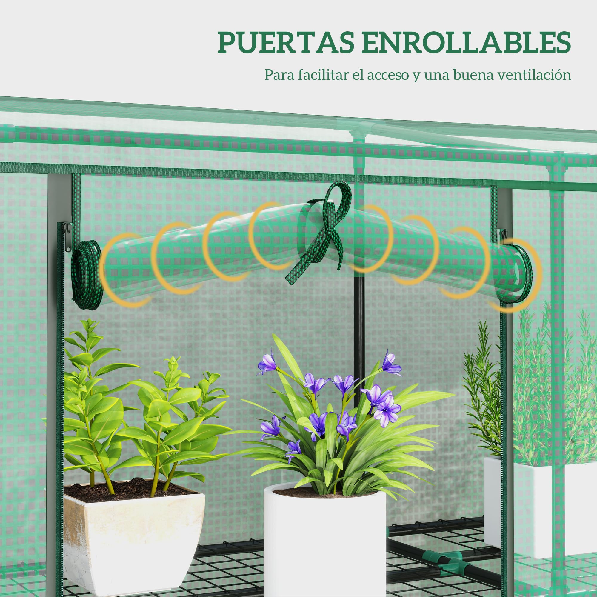 Outsunny Serra mini appoggiata Copertura in PE 215x46x151 cm Verde | Rinforzata, portatile, serra da interno/esterno, 3 porte a rotolo, 3 piani 9 mensole in filo