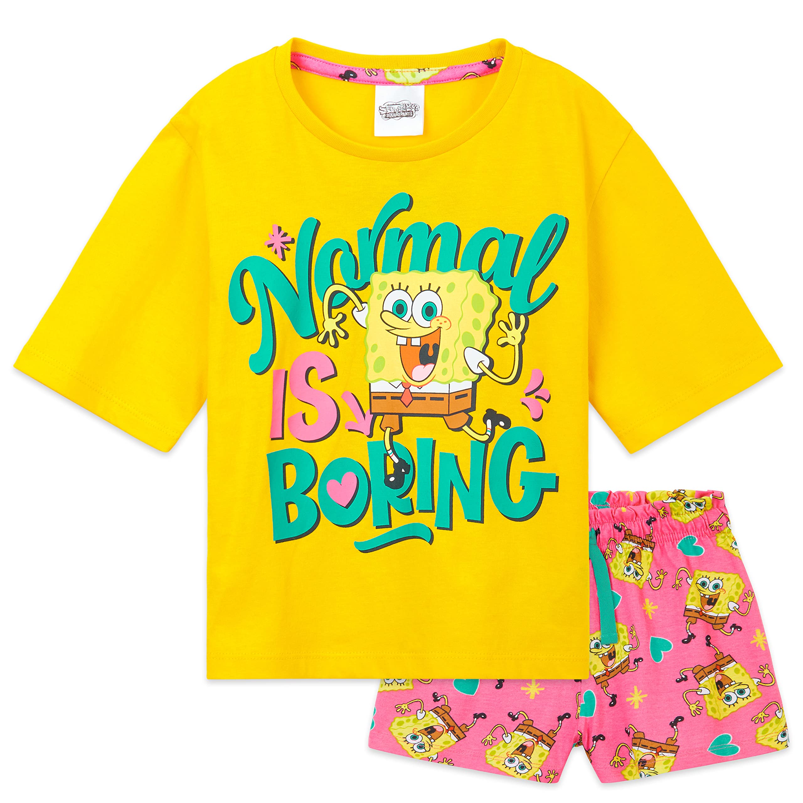Spongebob Squarepants Girls Yellow/Pink Pyjamas Set Short Pjs Kids Teens Lounge Set Nightwear Soft Summer Sleepwear Gifts For (4-5 Years, )