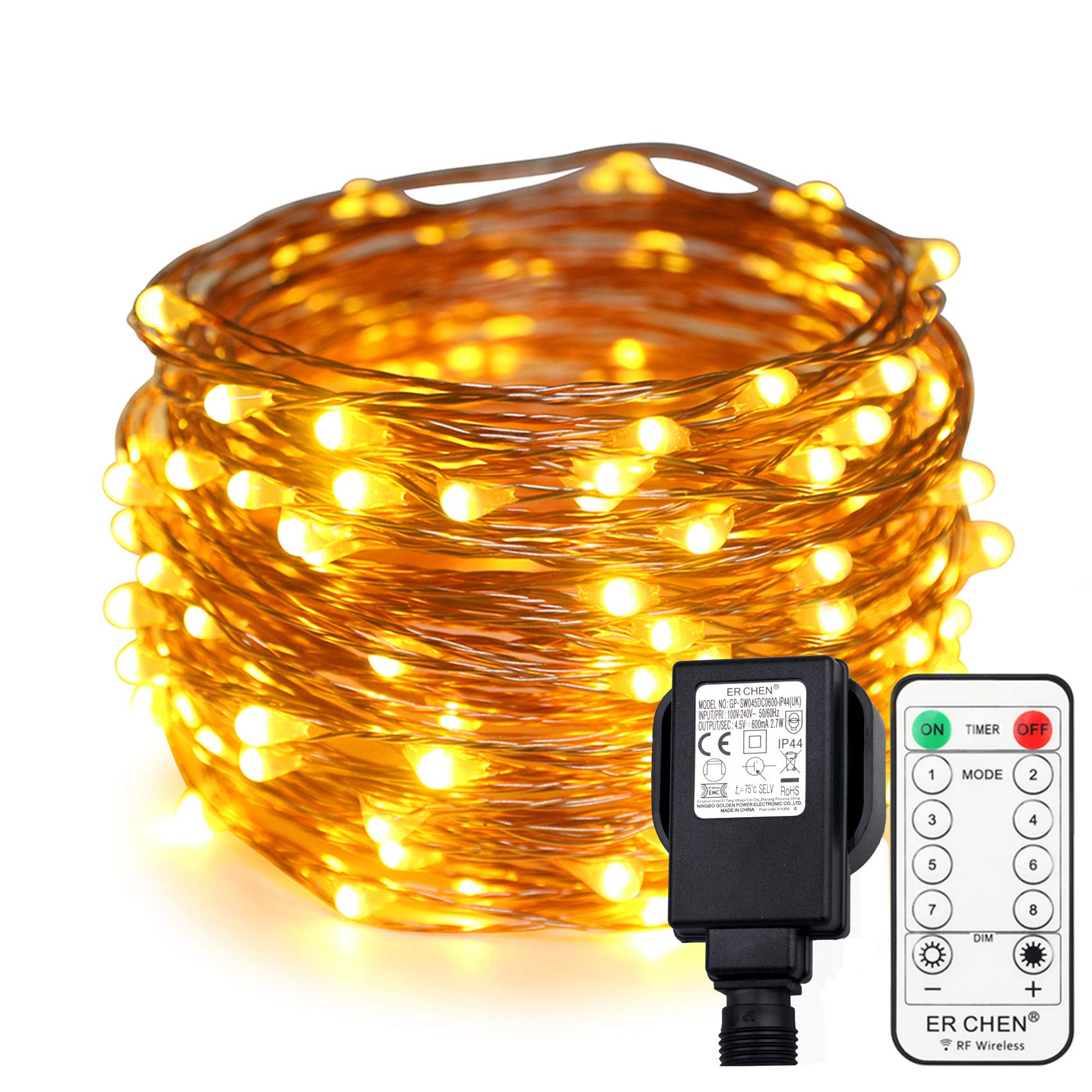 Erchen Plug in Fairy Lights, 33 FT 10M 100 LED Dimmable Copper Wire LED Starry String Lights with 4.5V DC Power Adapter Remote Control for Wedding Christmas Party Bedroom (Warm White)