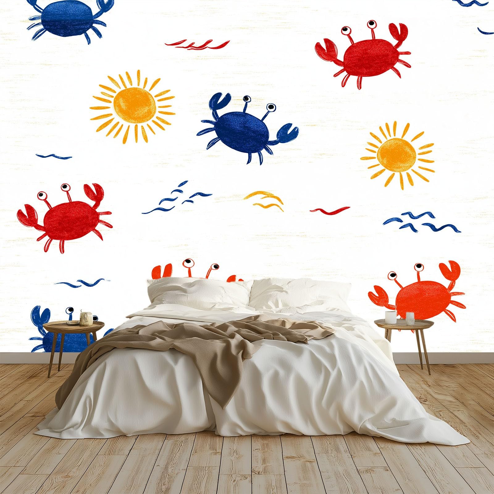 Générique Panoramiczna tapeta z kreskówki, krab, słodkie dziecko, 350 x 256 cm, dekoracja ścienna z włókniny, dekoracyjna dekoracja ścienna do salonu, łazienki, pokoju dziecięcego, biała