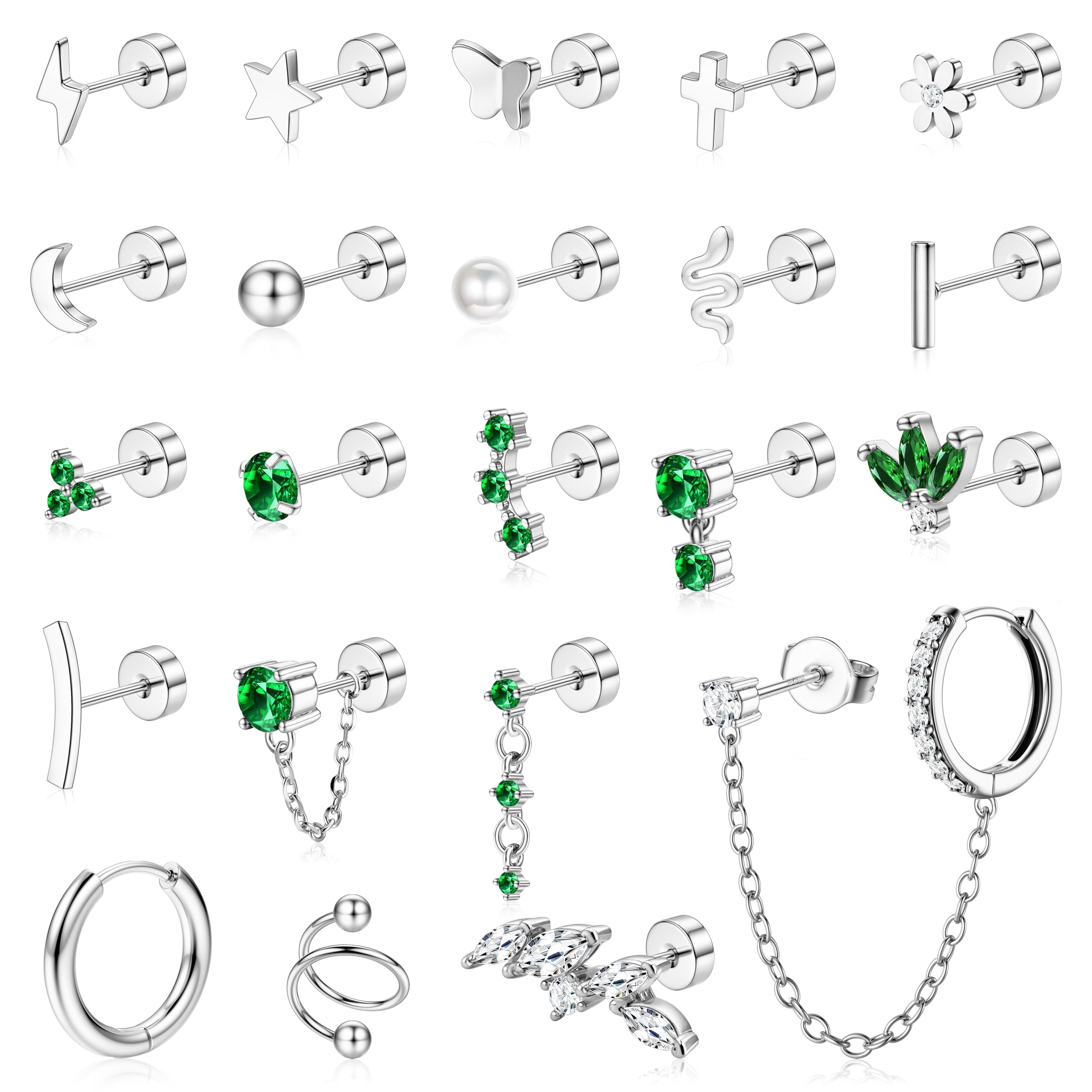 ZELORES Small Flat Back Earrings for Women Stainless Steel 20G Cartilage Stud Earrings Set for Multiple Piercing Butterfly Green CZ Flatback Earrings